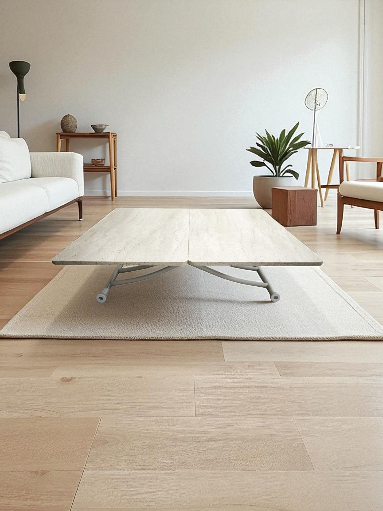 Mini Juppo Smart Coffee Table – Travertine MDF Top & White Metal Leg