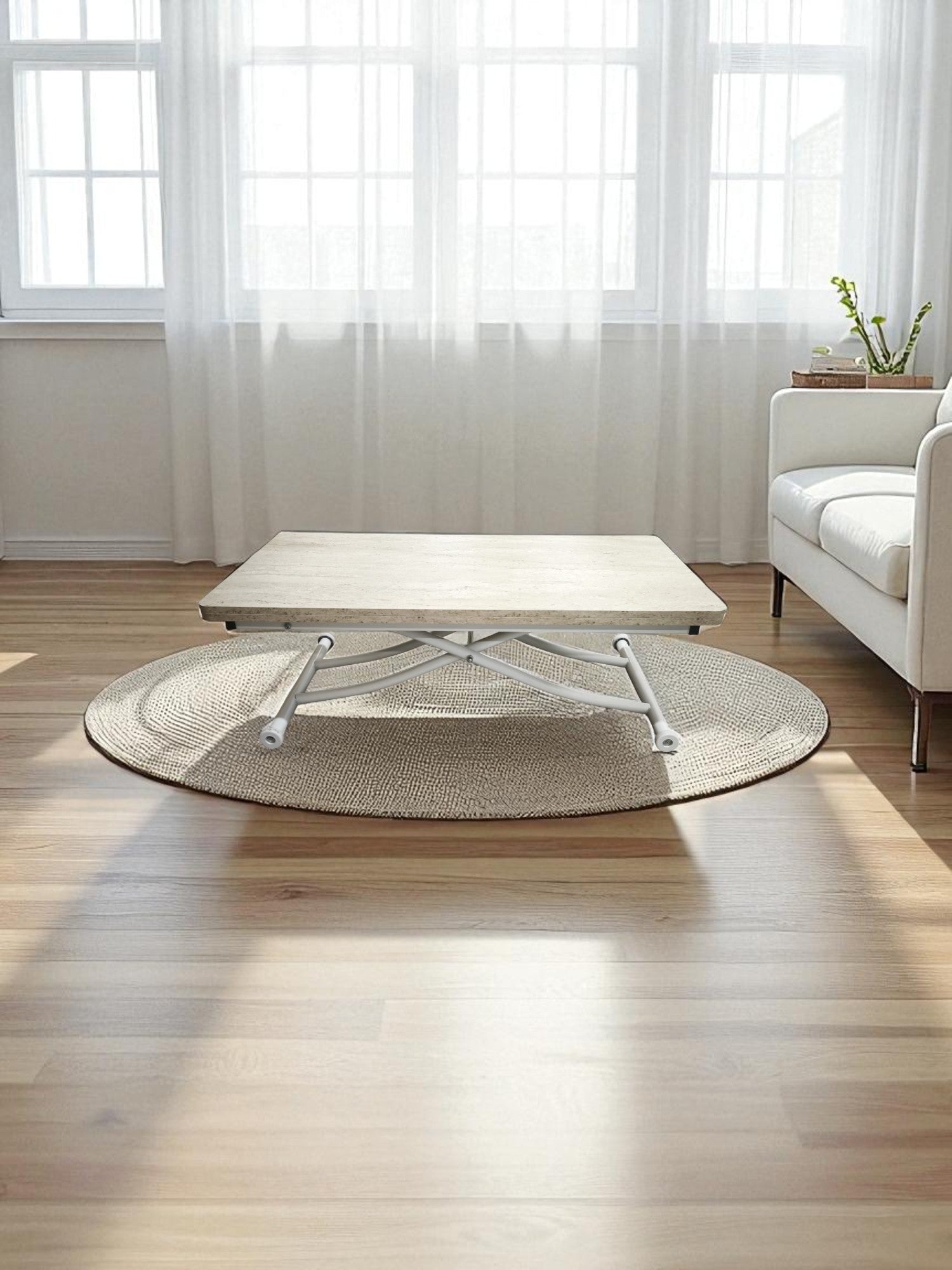 Mini Juppo Smart Coffee Table – Travertine MDF Top & White Metal Leg