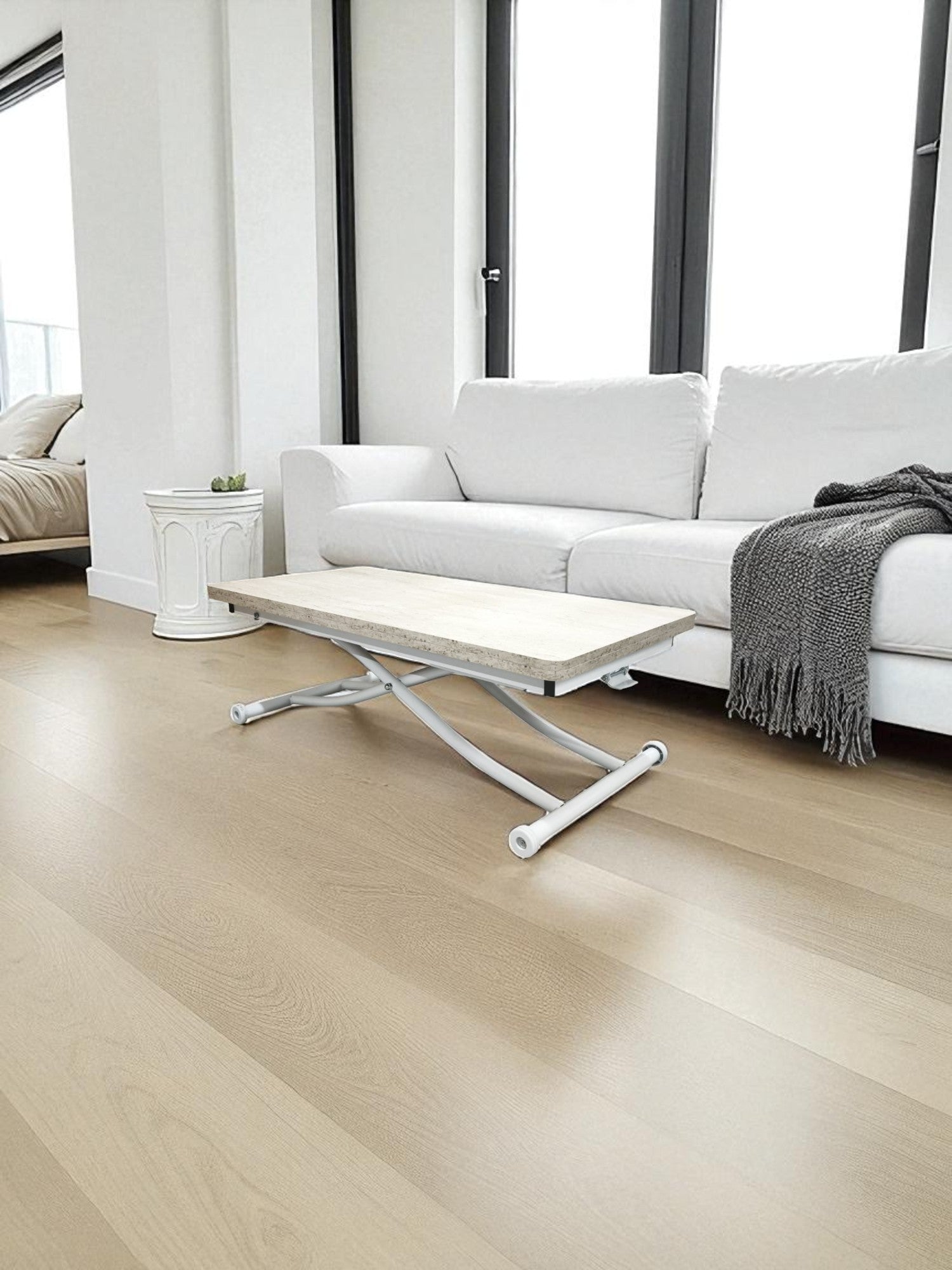 Mini Juppo Smart Coffee Table – Travertine MDF Top & White Metal Leg