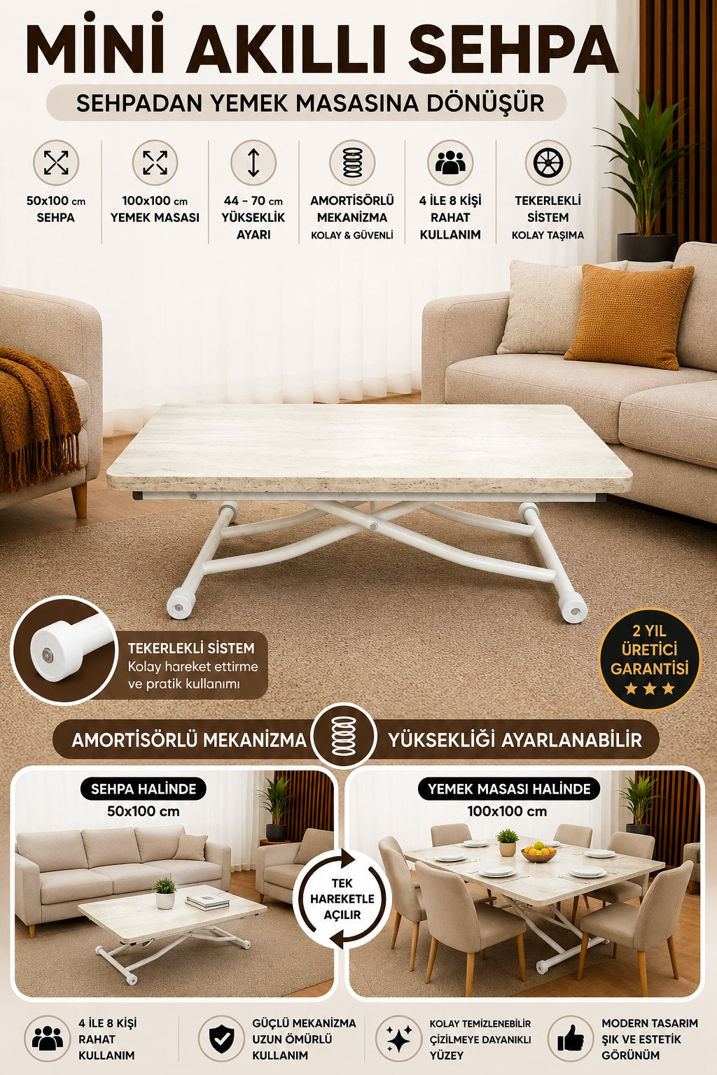 Mini Juppo Smart Coffee Table – Travertine MDF Top & White Metal Leg