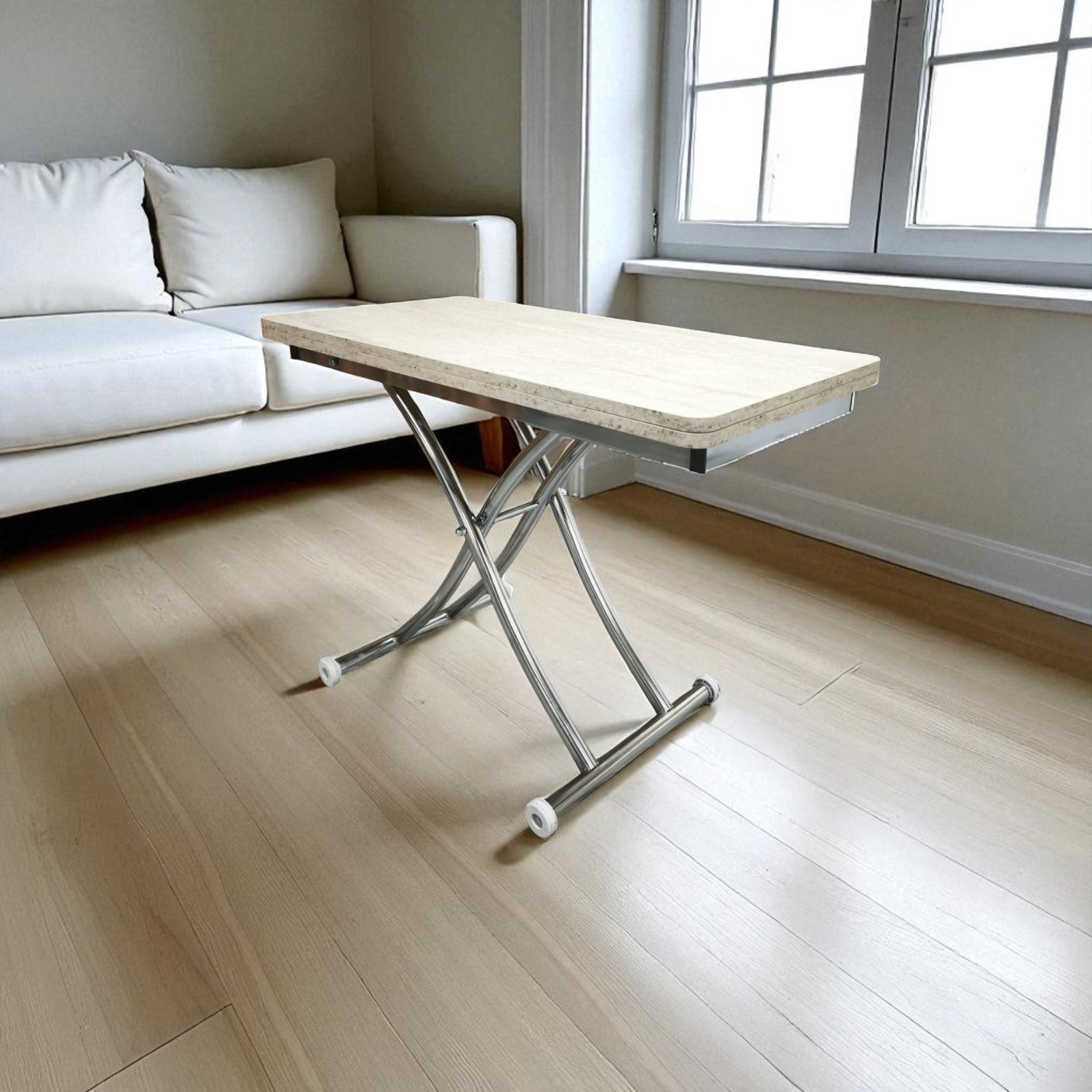 Mini Juppo Smart Side Table – Travertine MDF Top & Chrome Plated Metal Legs