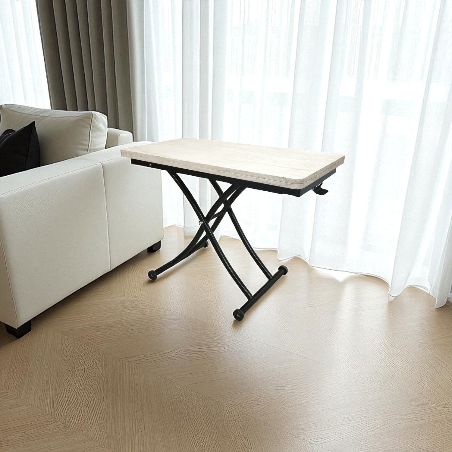Mini Juppo Smart Coffee Table – Travertine MDF Top & Black Metal Legs