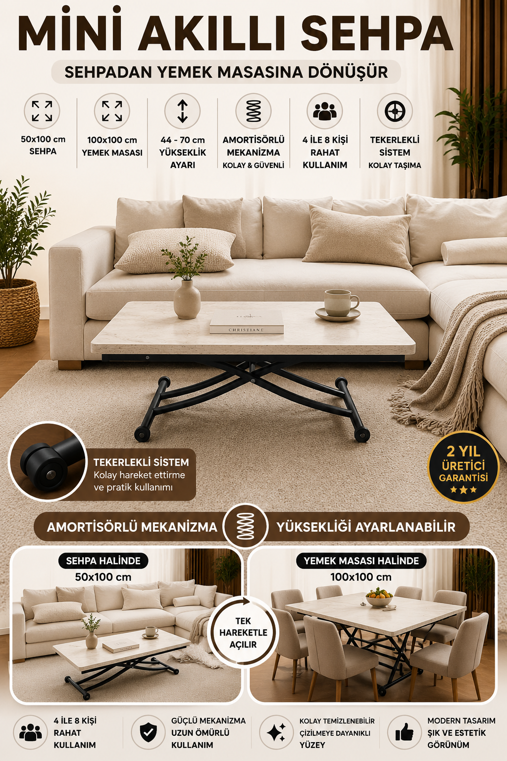 Mini Juppo Smart Coffee Table – Travertine MDF Top & Black Metal Legs