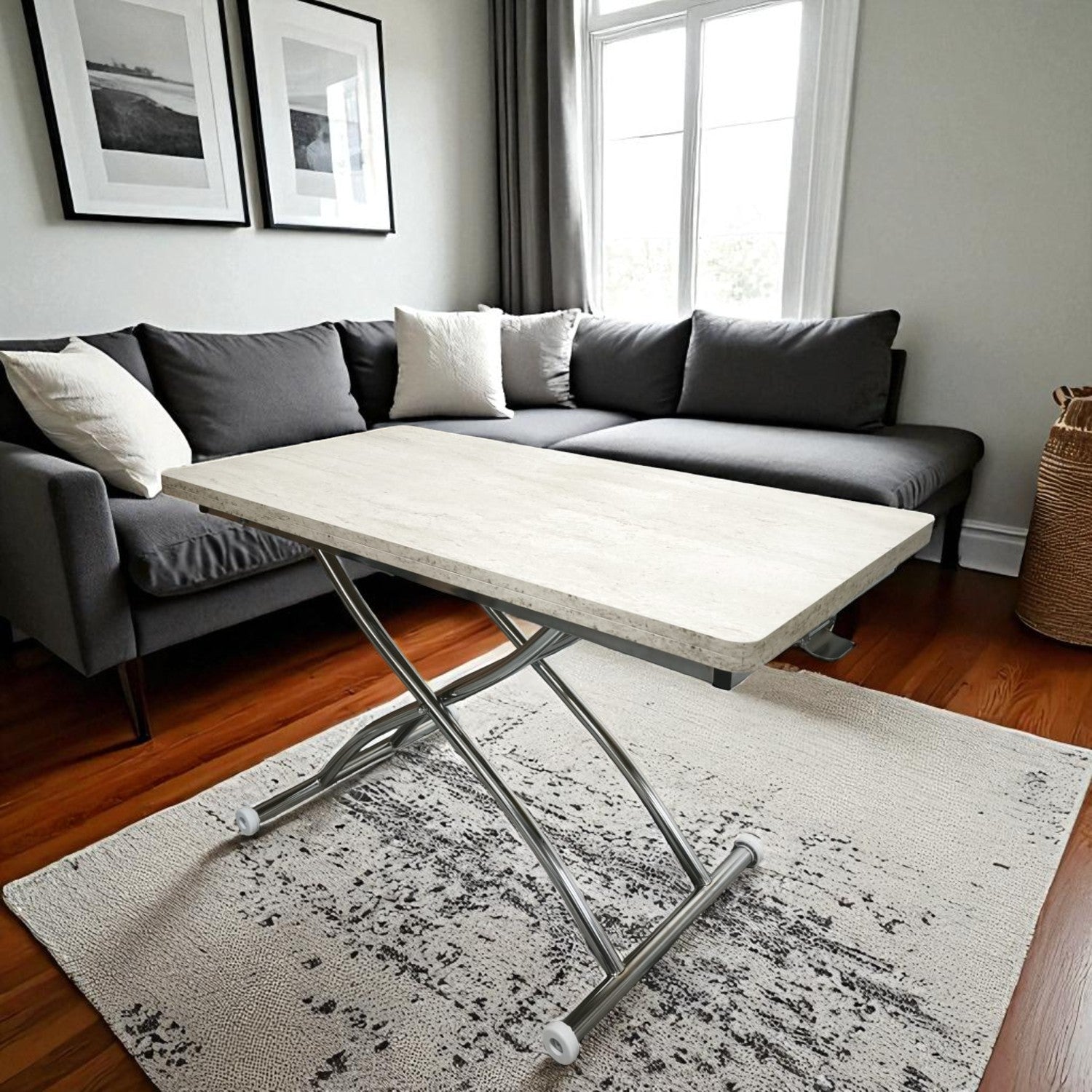 Juppo Smart Coffee Table – Travertine MDF Top & Chrome Outward Curved Metal Leg