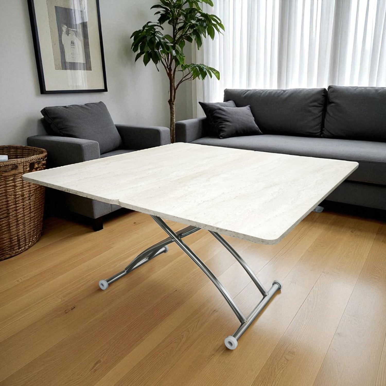 Juppo Smart Coffee Table – Travertine MDF Top & Chrome Outward Curved Metal Leg