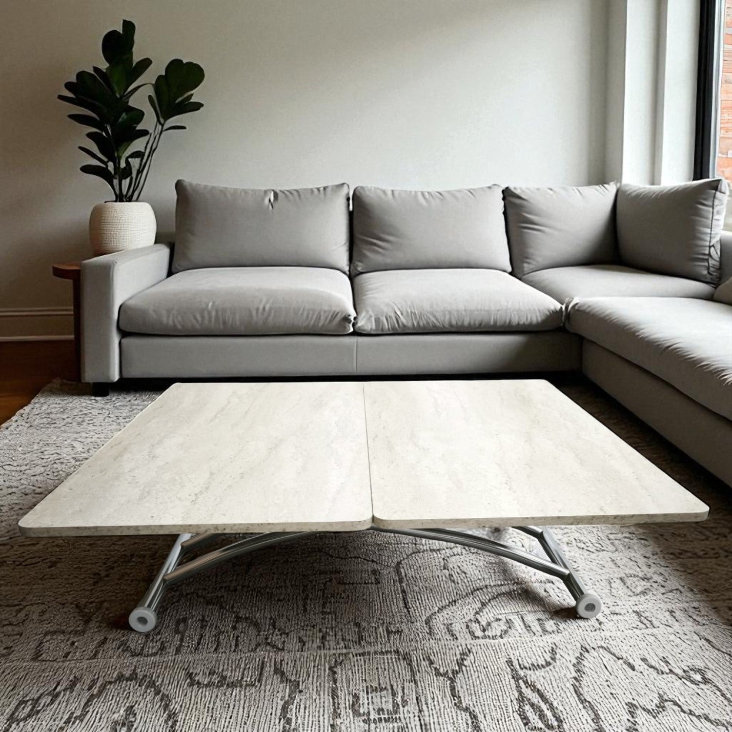 Juppo Smart Coffee Table – Travertine MDF Top & Chrome Outward Curved Metal Leg