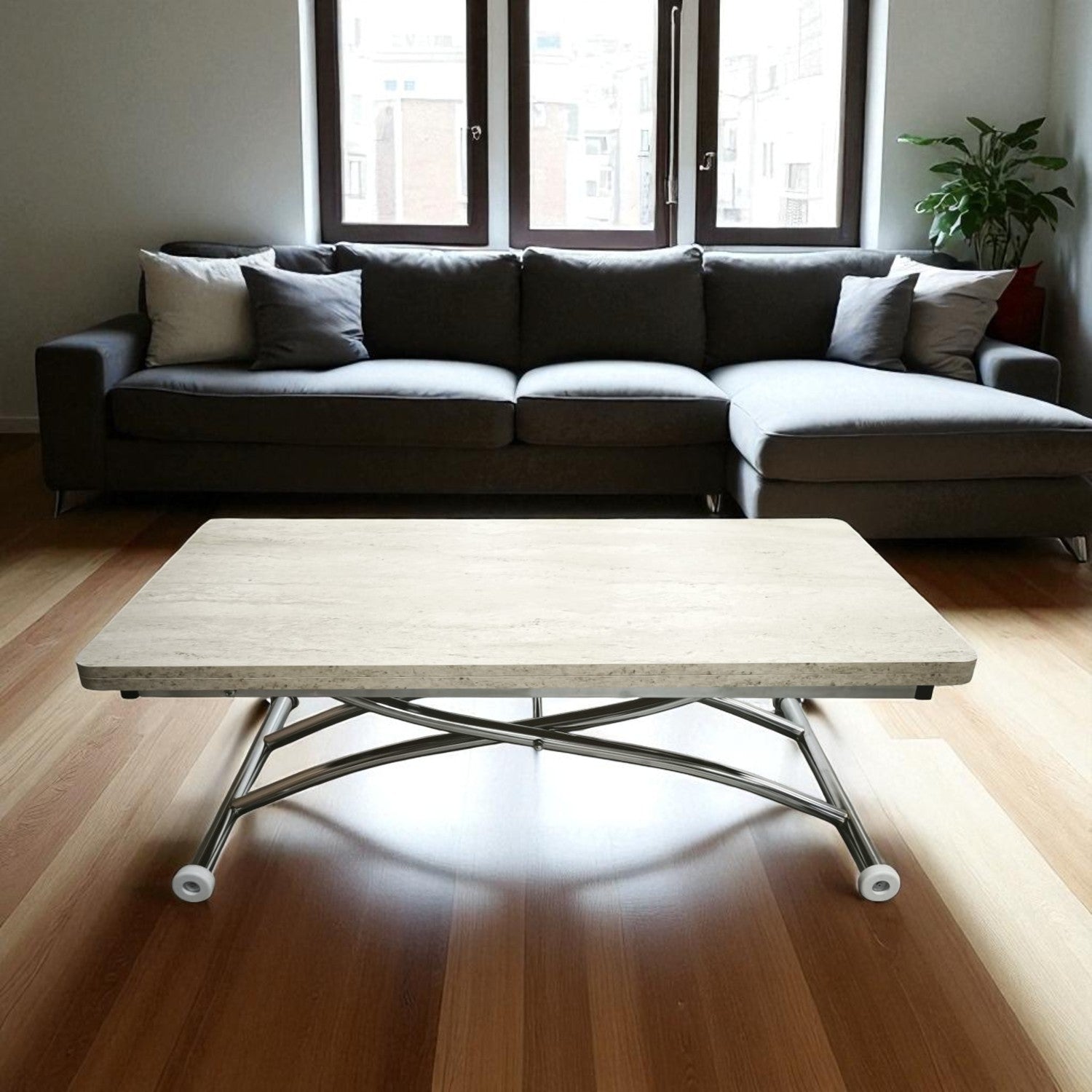 Juppo Smart Coffee Table – Travertine MDF Top & Chrome Outward Curved Metal Leg