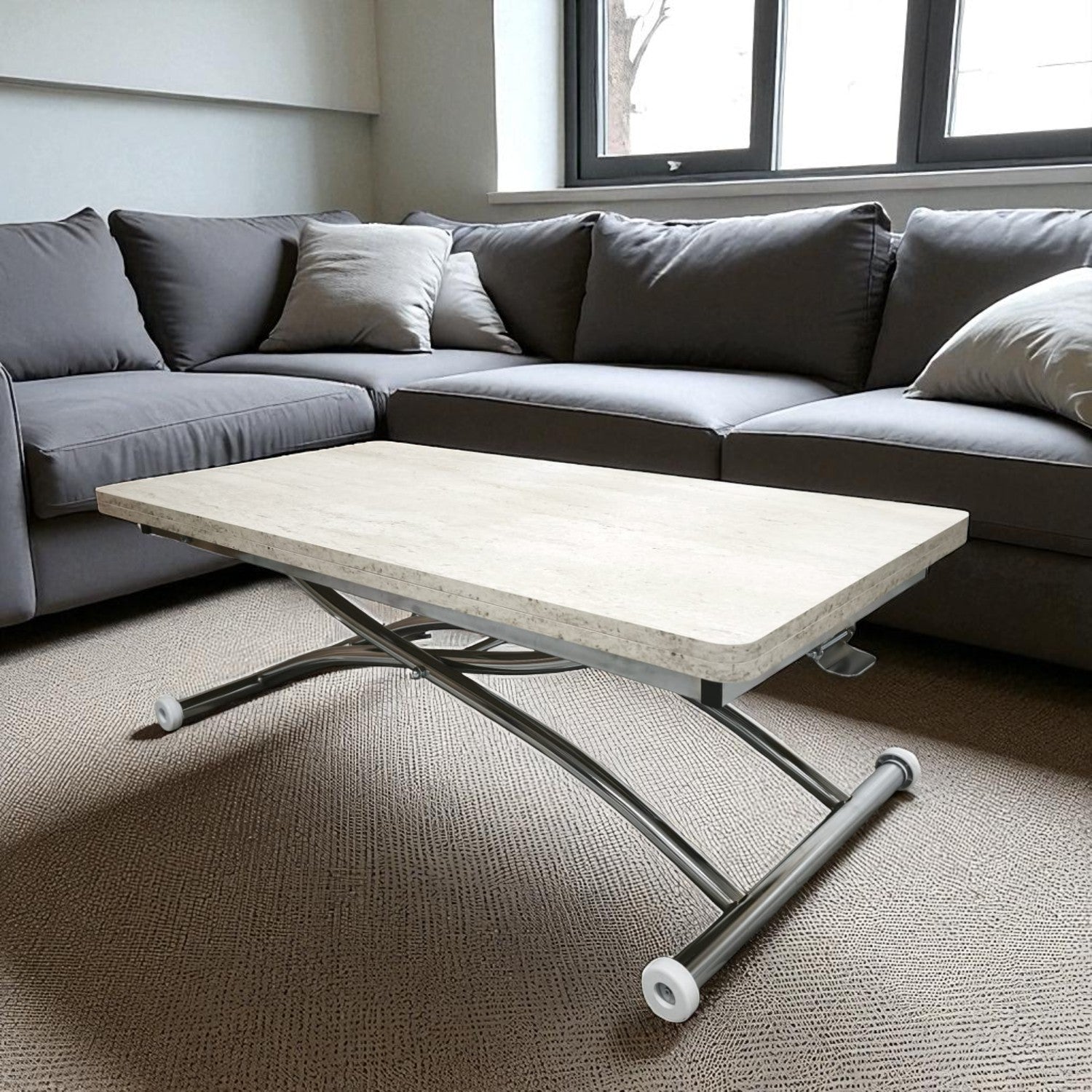 Juppo Smart Coffee Table – Travertine MDF Top & Chrome Outward Curved Metal Leg