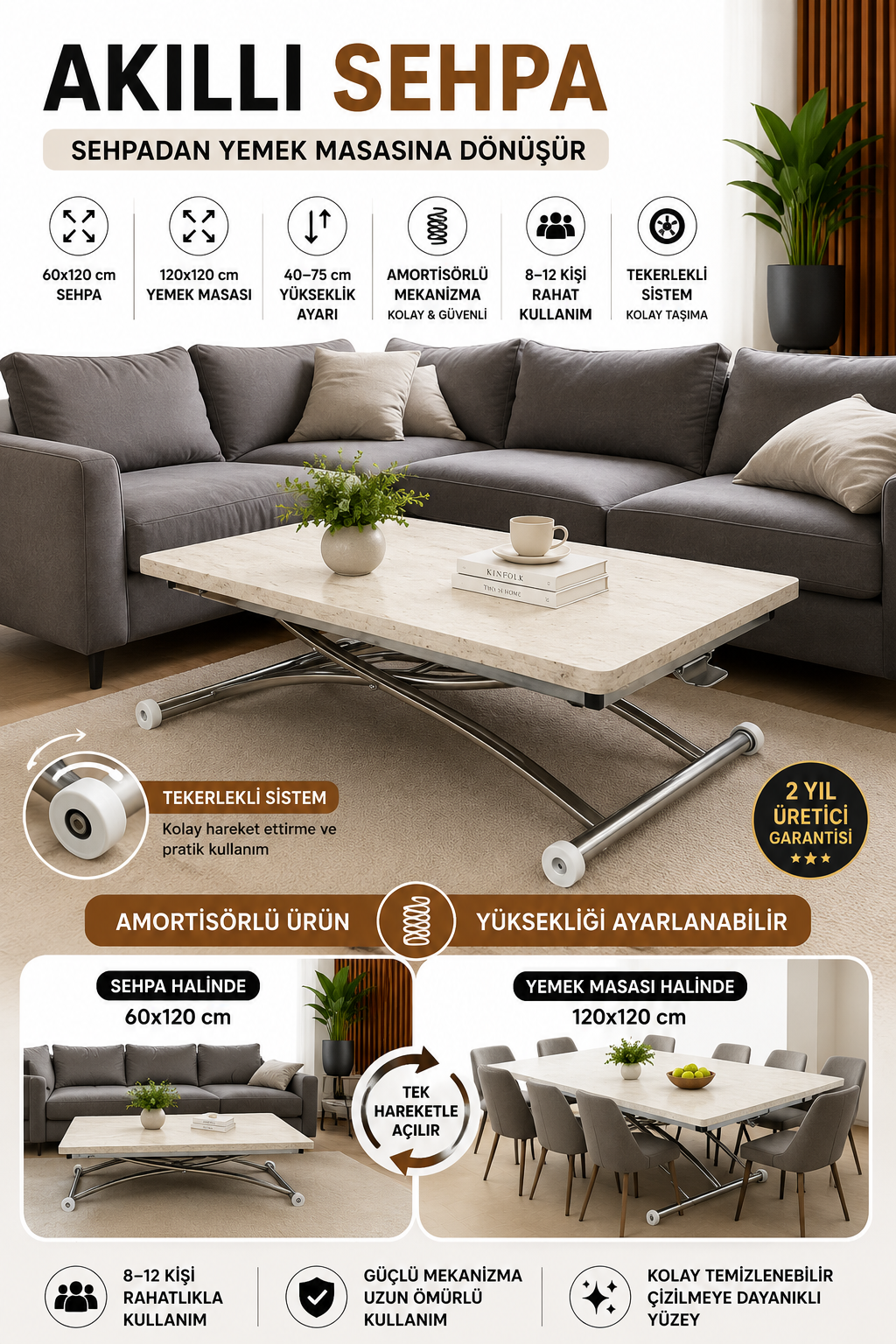 Juppo Smart Coffee Table – Travertine MDF Top & Chrome Outward Curved Metal Leg