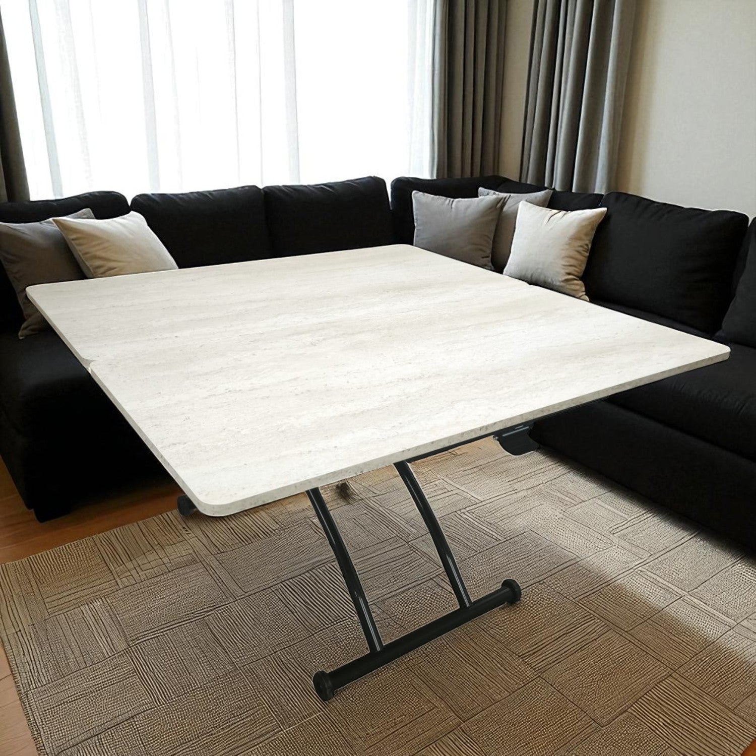 Juppo Smart Coffee Table – Travertine MDF Top & Black Outward-Curved Metal Legs