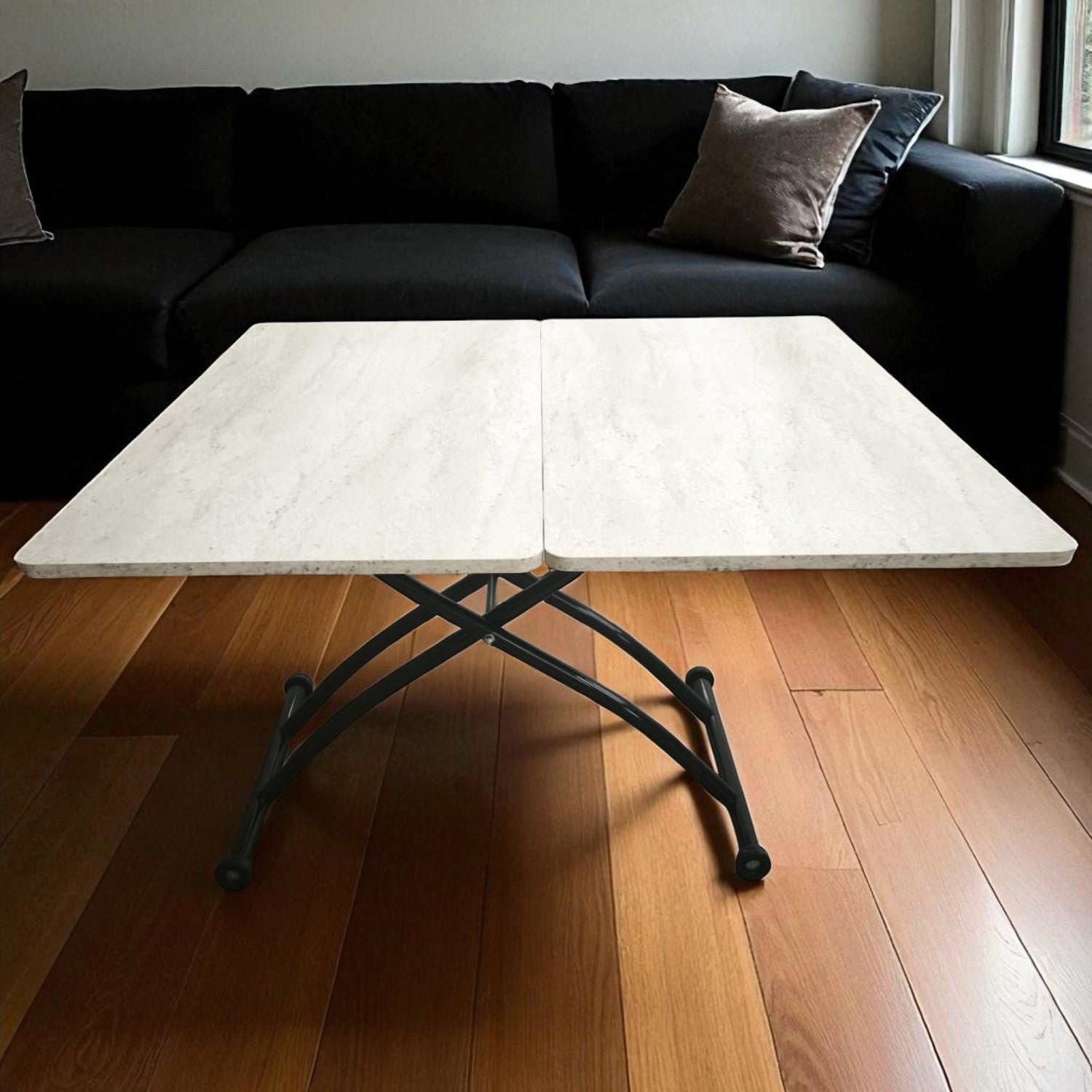 Juppo Smart Coffee Table – Travertine MDF Top & Black Outward-Curved Metal Legs