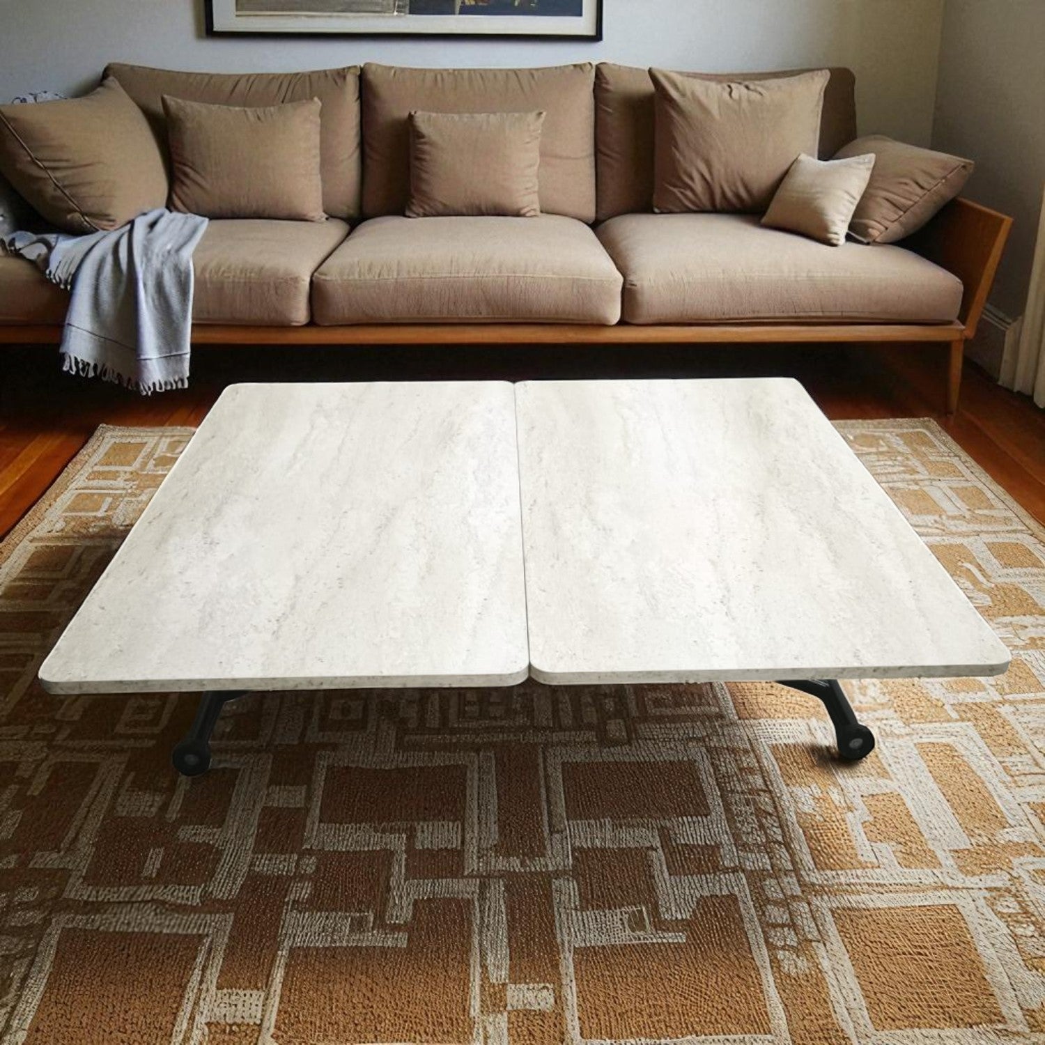 Juppo Smart Coffee Table – Travertine MDF Top & Black Outward-Curved Metal Legs