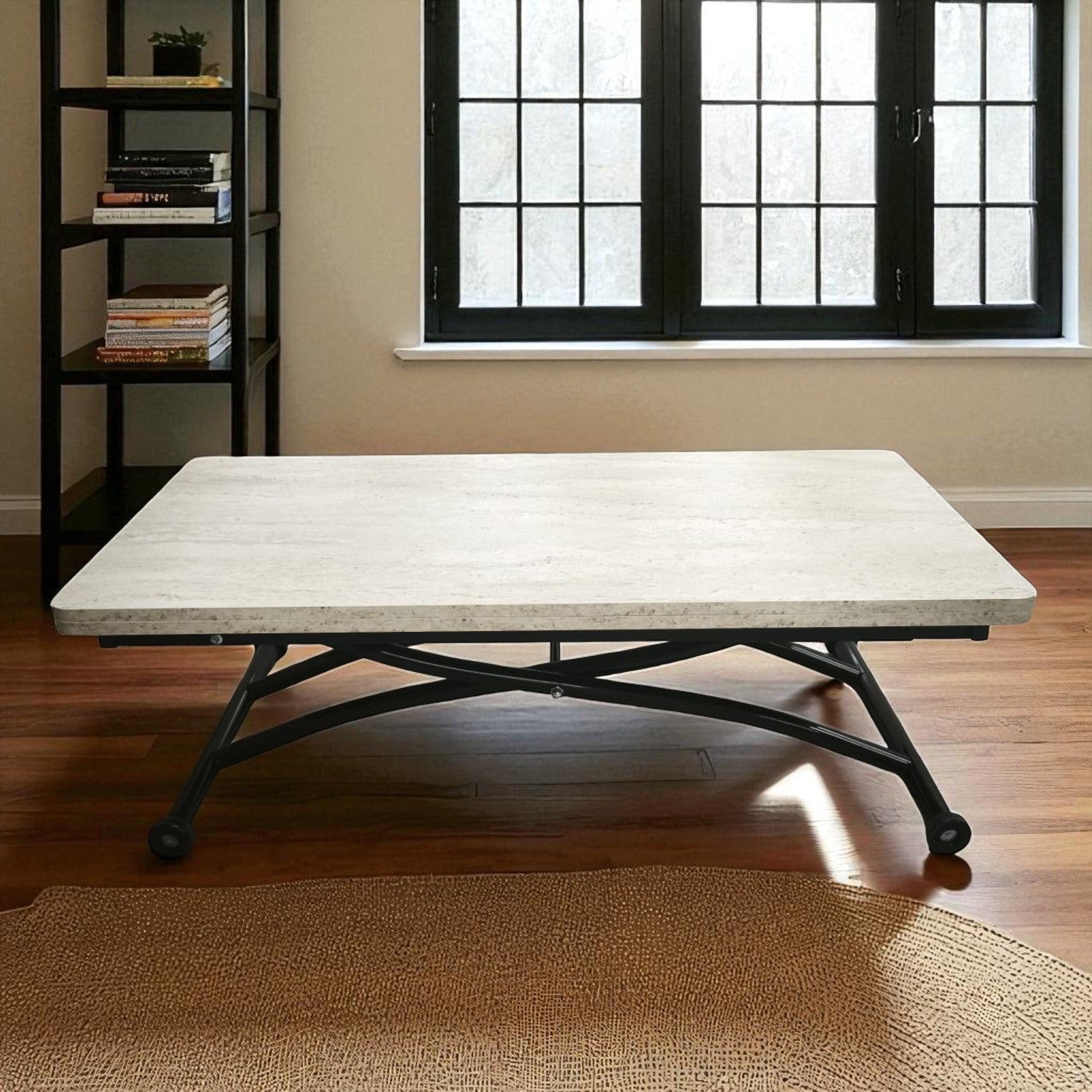 Juppo Smart Coffee Table – Travertine MDF Top & Black Outward-Curved Metal Legs