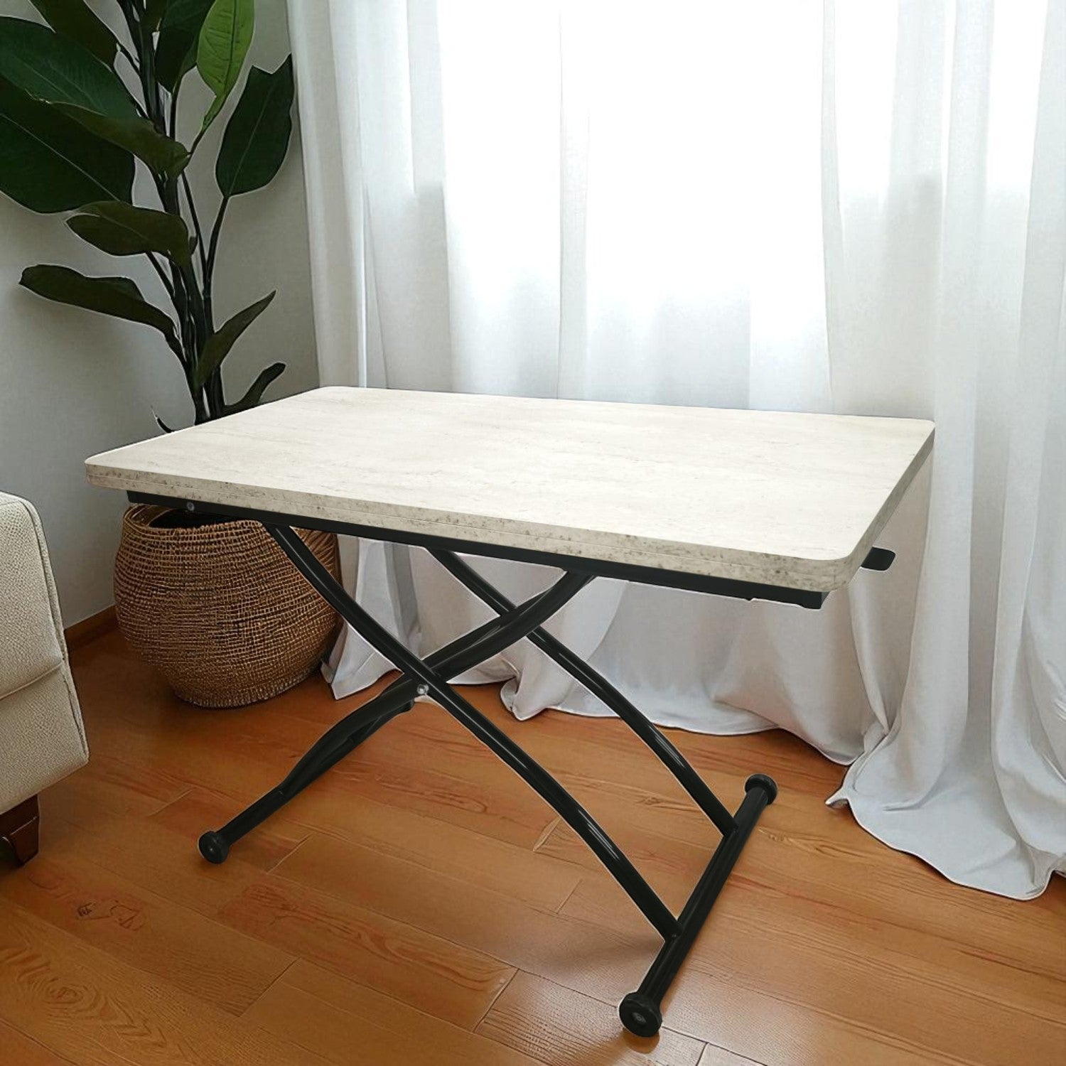 Juppo Smart Coffee Table – Travertine MDF Top & Black Outward-Curved Metal Legs