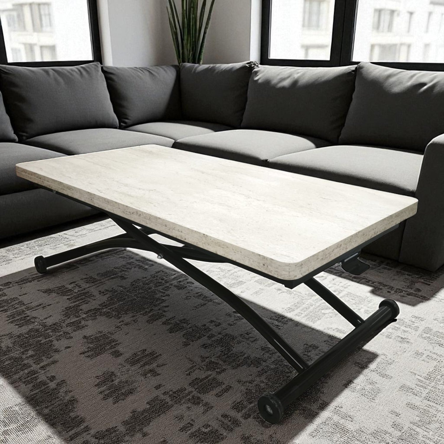 Juppo Smart Coffee Table – Travertine MDF Top & Black Outward-Curved Metal Legs