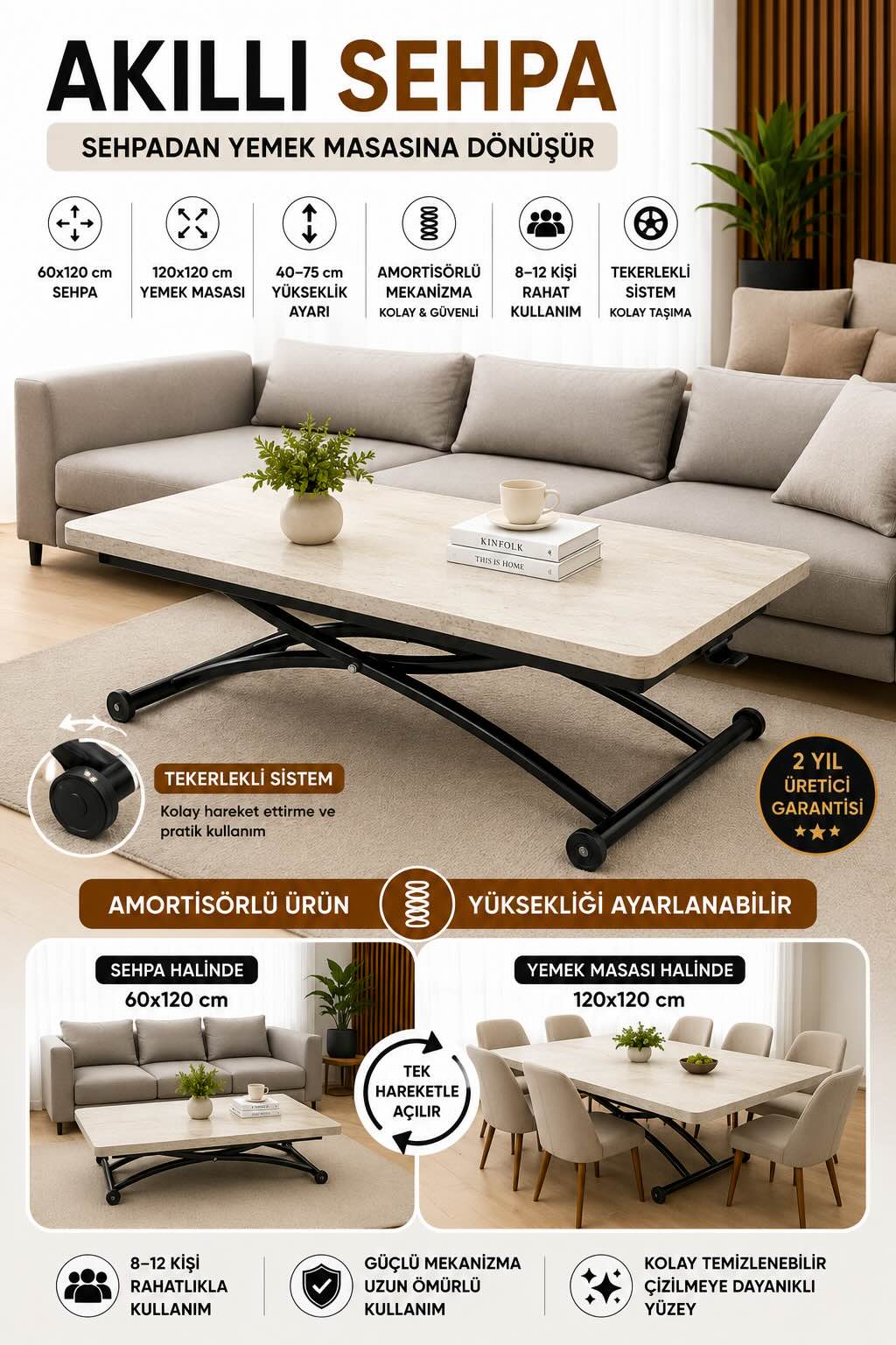 Juppo Smart Coffee Table – Travertine MDF Top & Black Outward-Curved Metal Legs