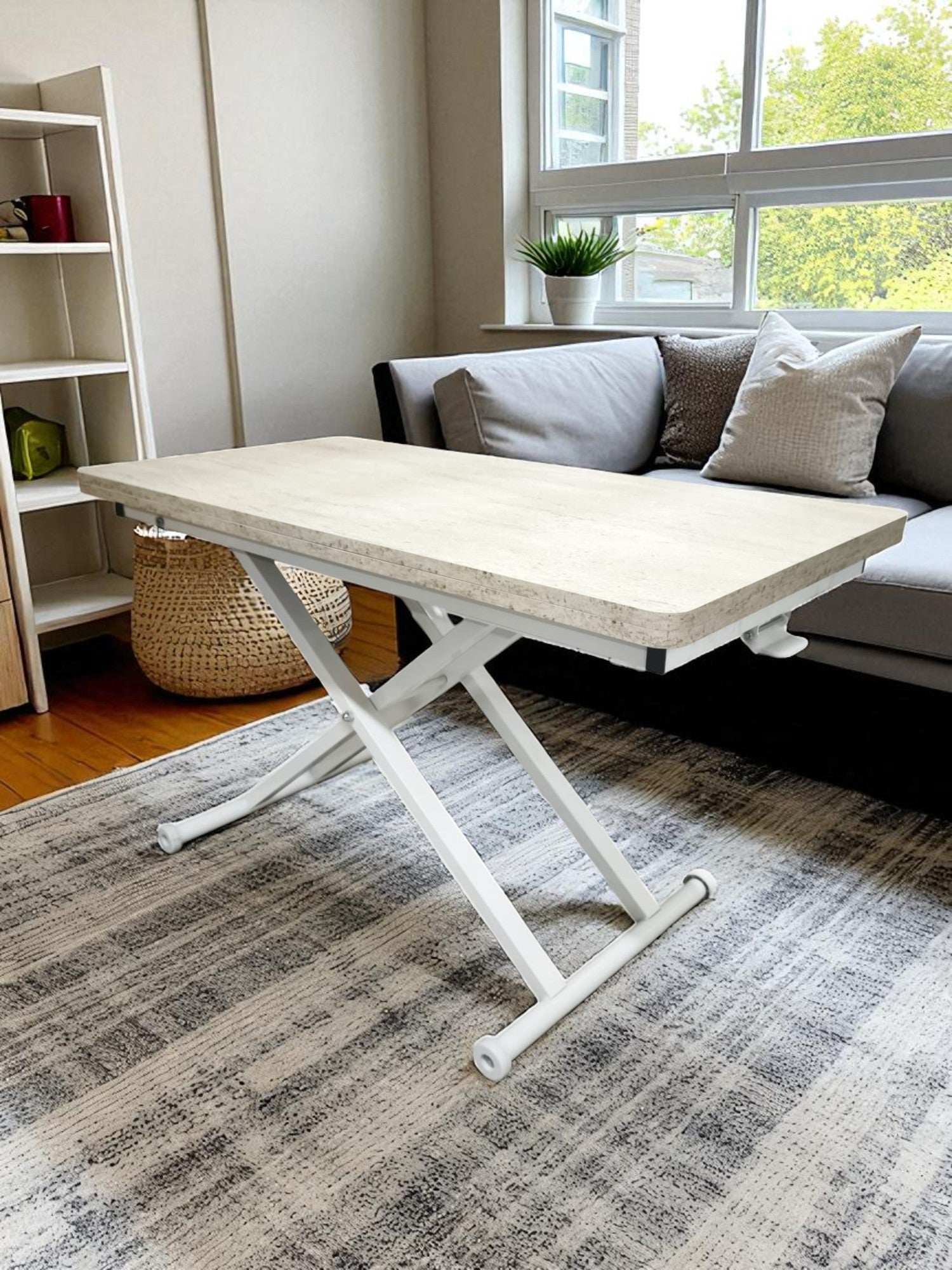 Home Smart Coffee Table – Travertine MDF Top & White Metal Legs