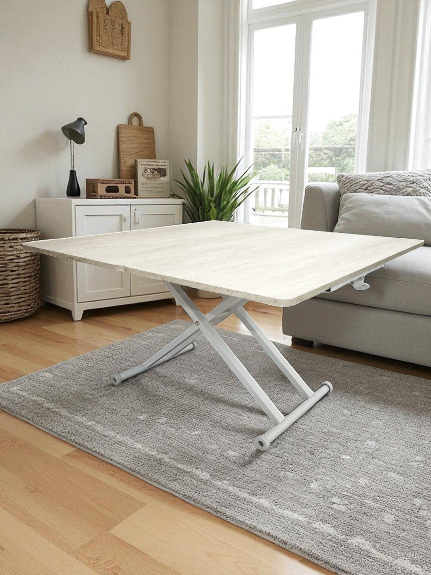 Home Smart Coffee Table – Travertine MDF Top & White Metal Legs