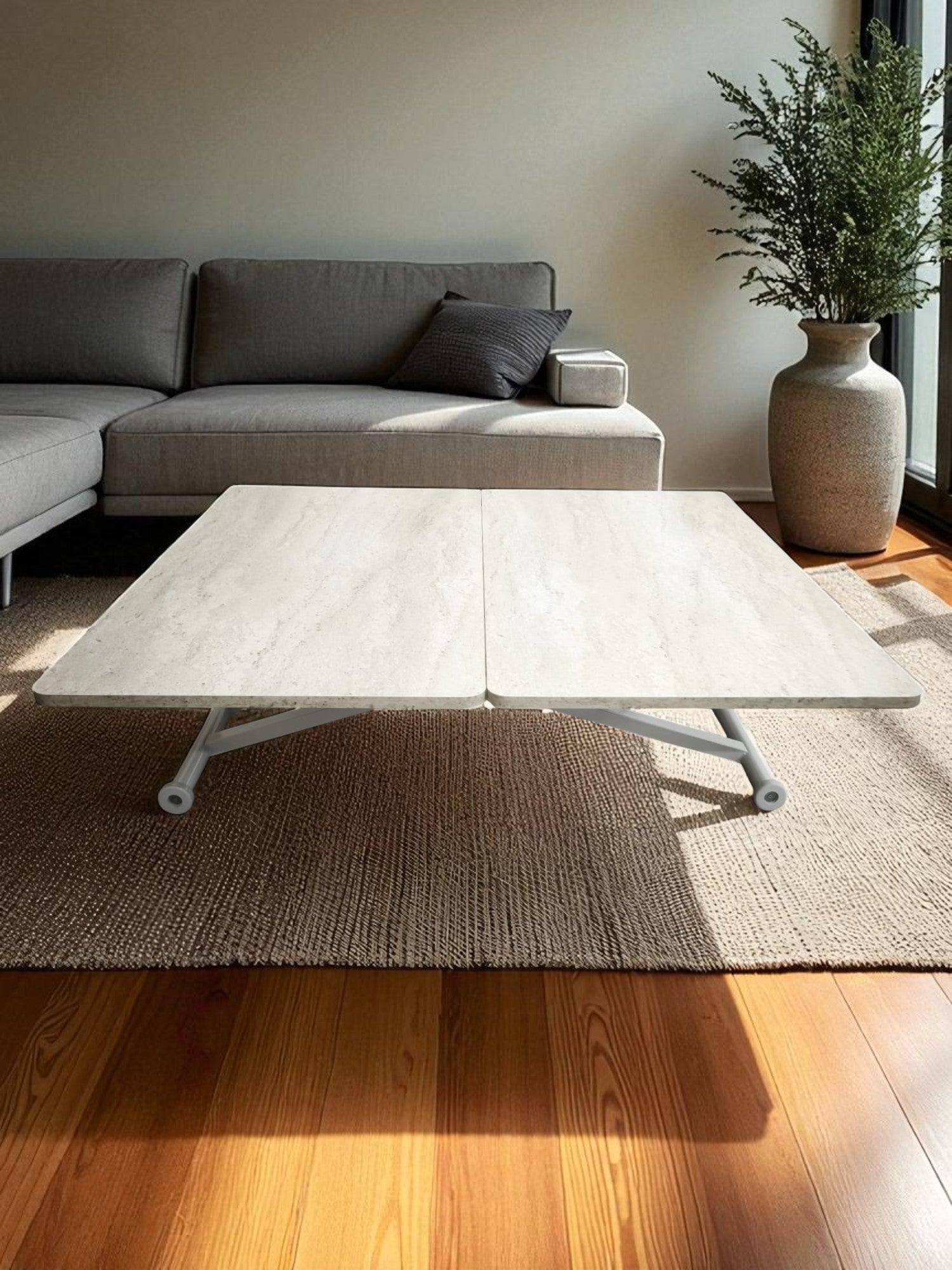 Home Smart Coffee Table – Travertine MDF Top & White Metal Legs