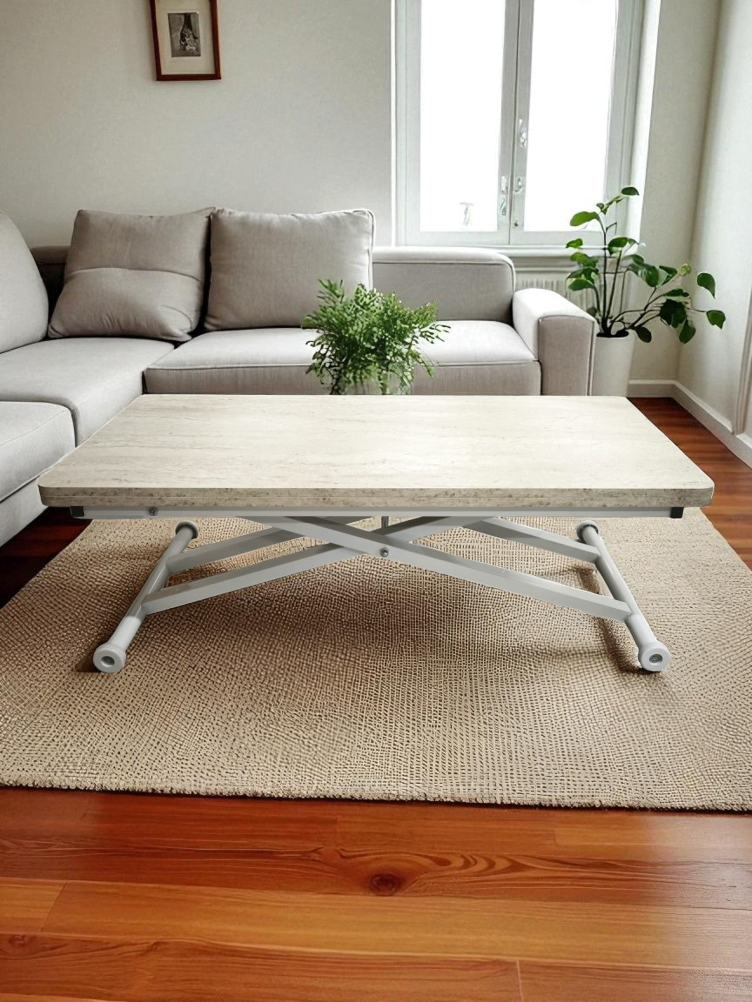 Home Smart Coffee Table – Travertine MDF Top & White Metal Legs