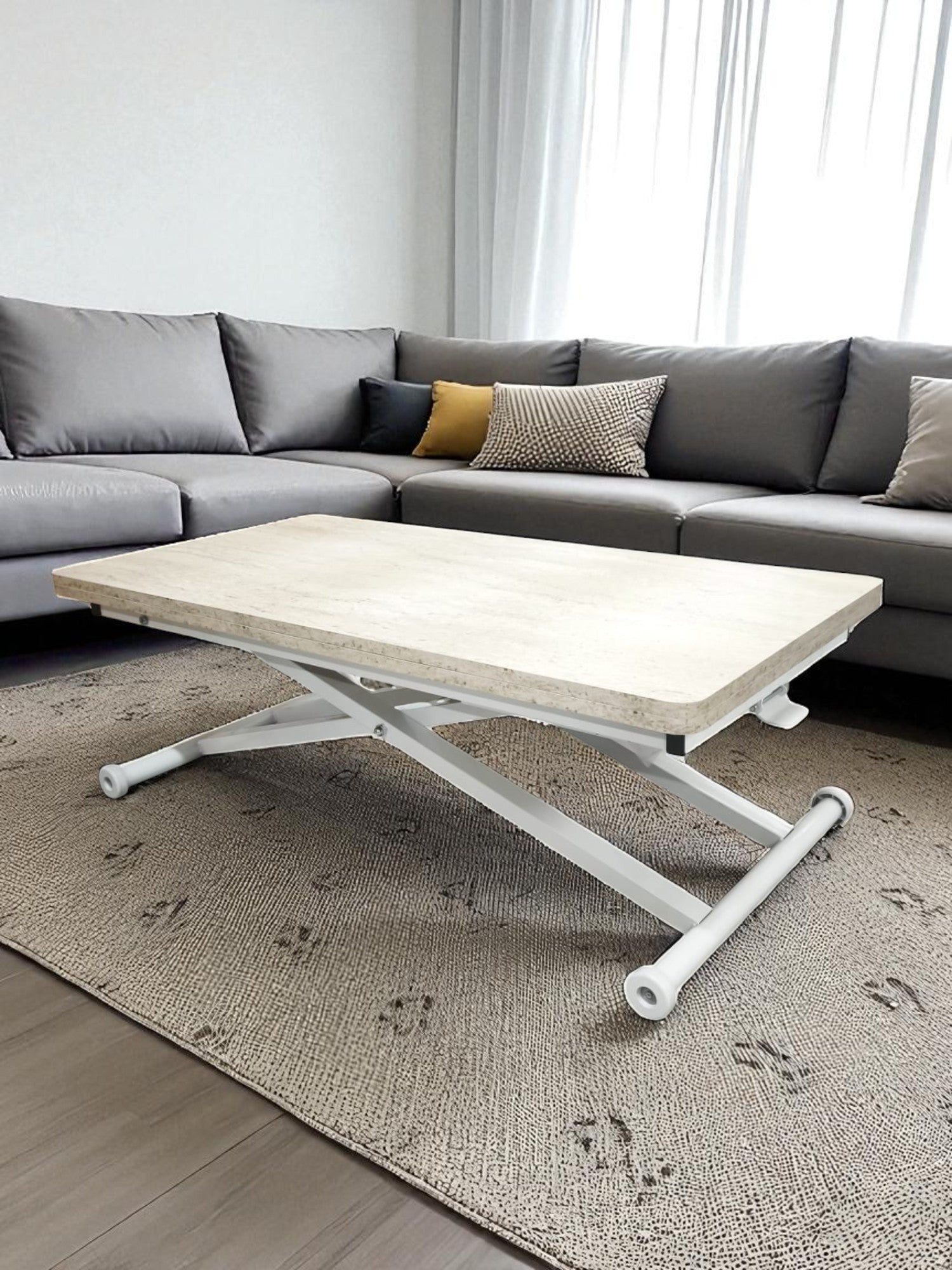 Home Smart Coffee Table – Travertine MDF Top & White Metal Legs