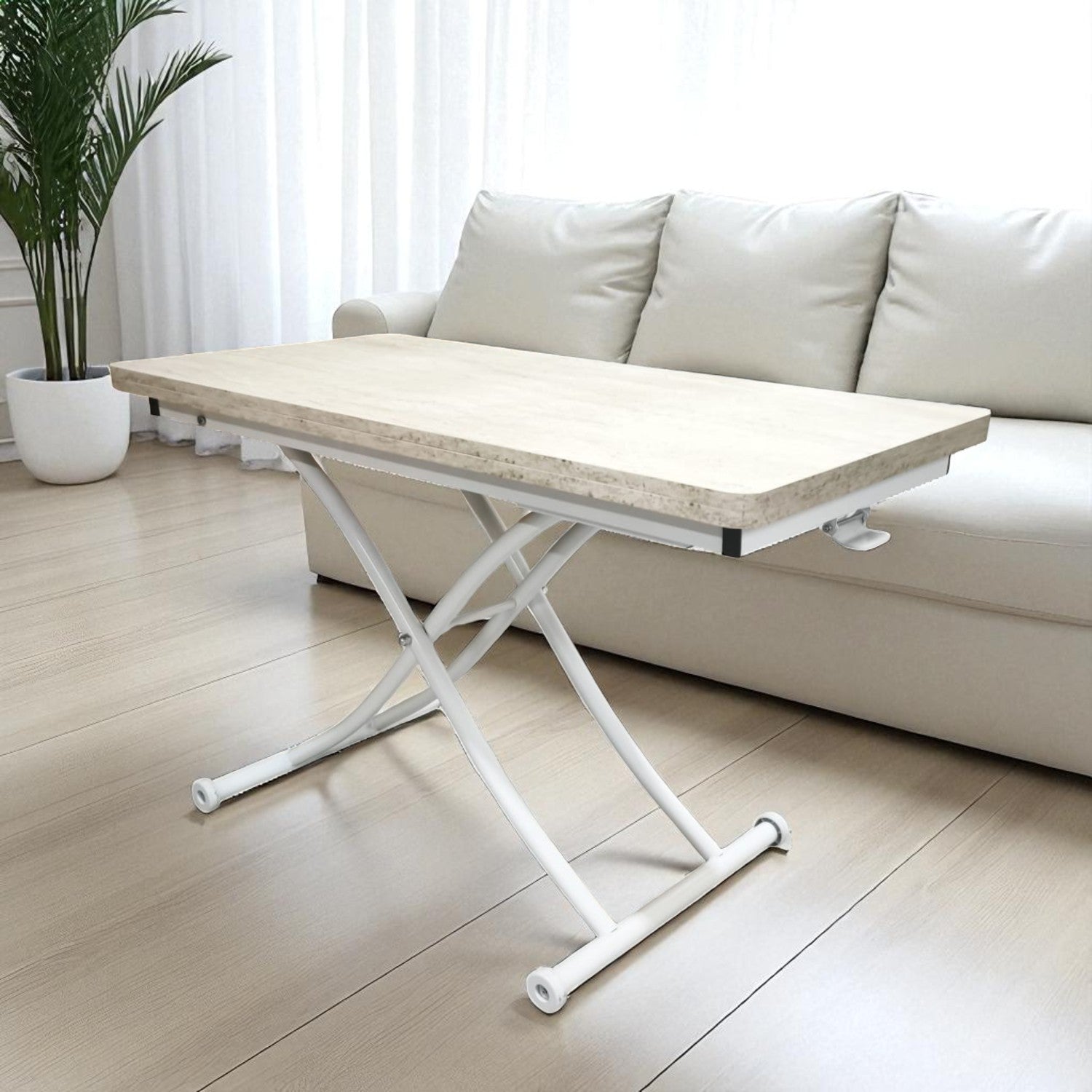 Juppo Smart Coffee Table – Travertine MDF Top & White Metal Legs