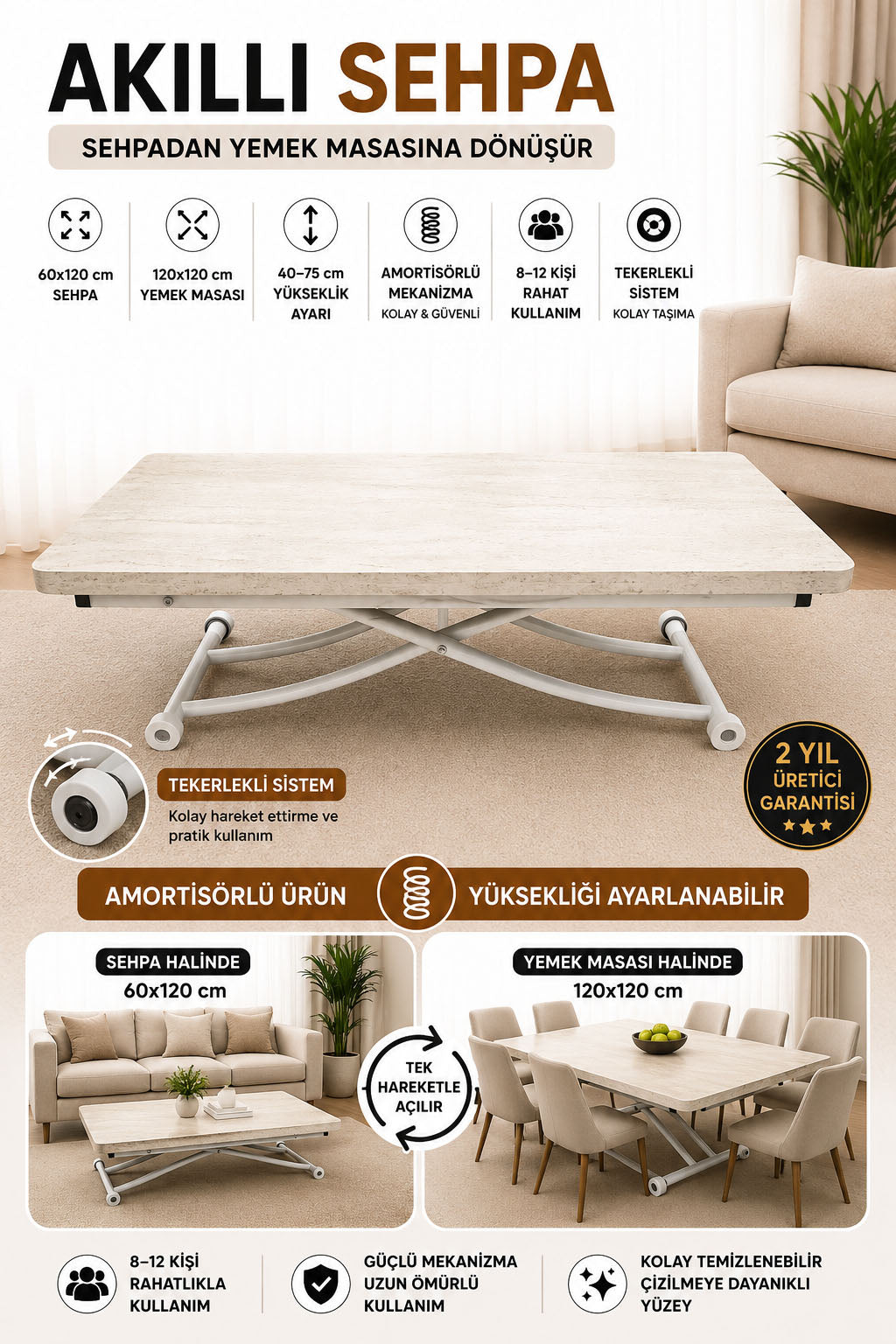Juppo Smart Coffee Table – Travertine MDF Top & White Metal Legs