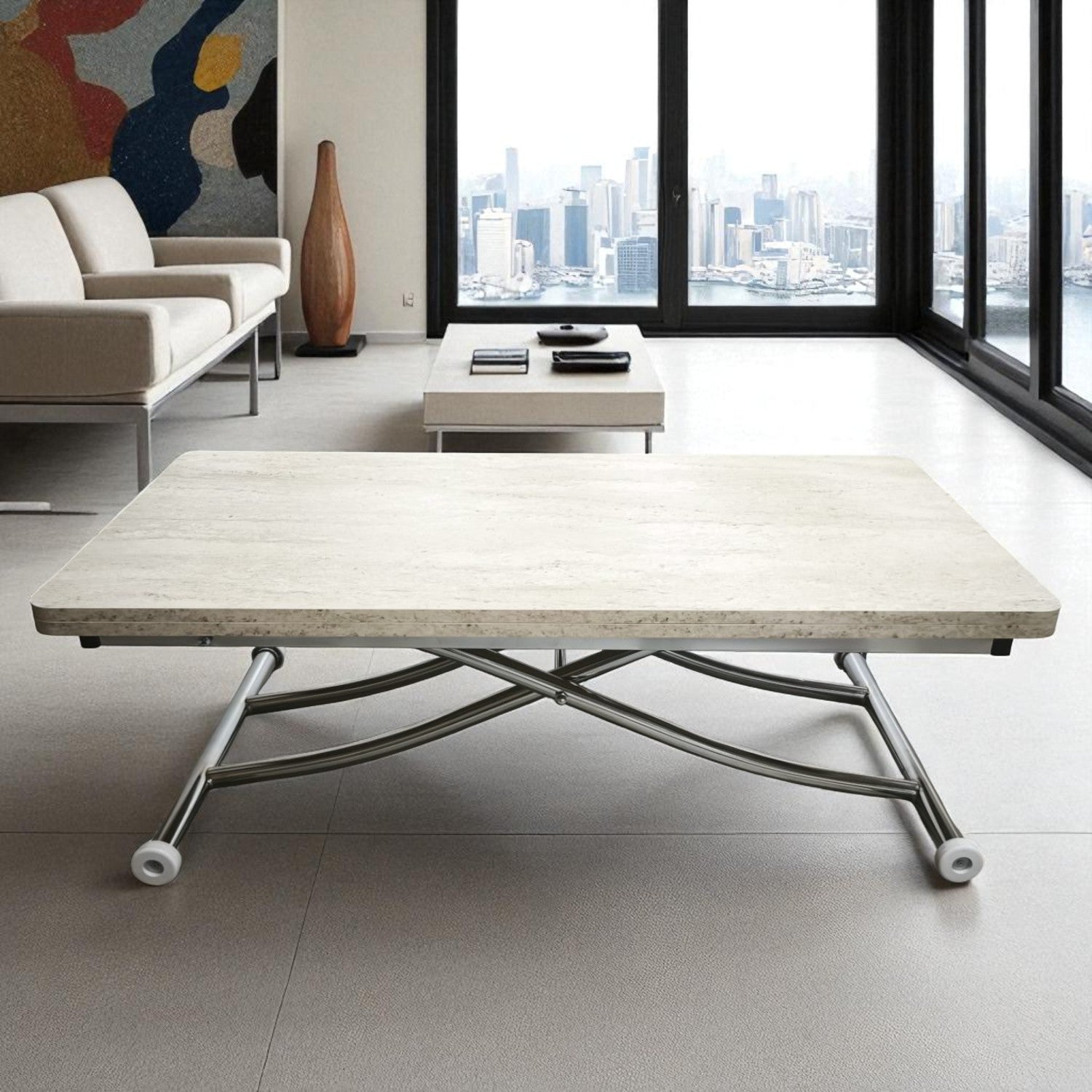 Juppo Smart Coffee Table – Travertine MDF Top & Chrome Metal Legs