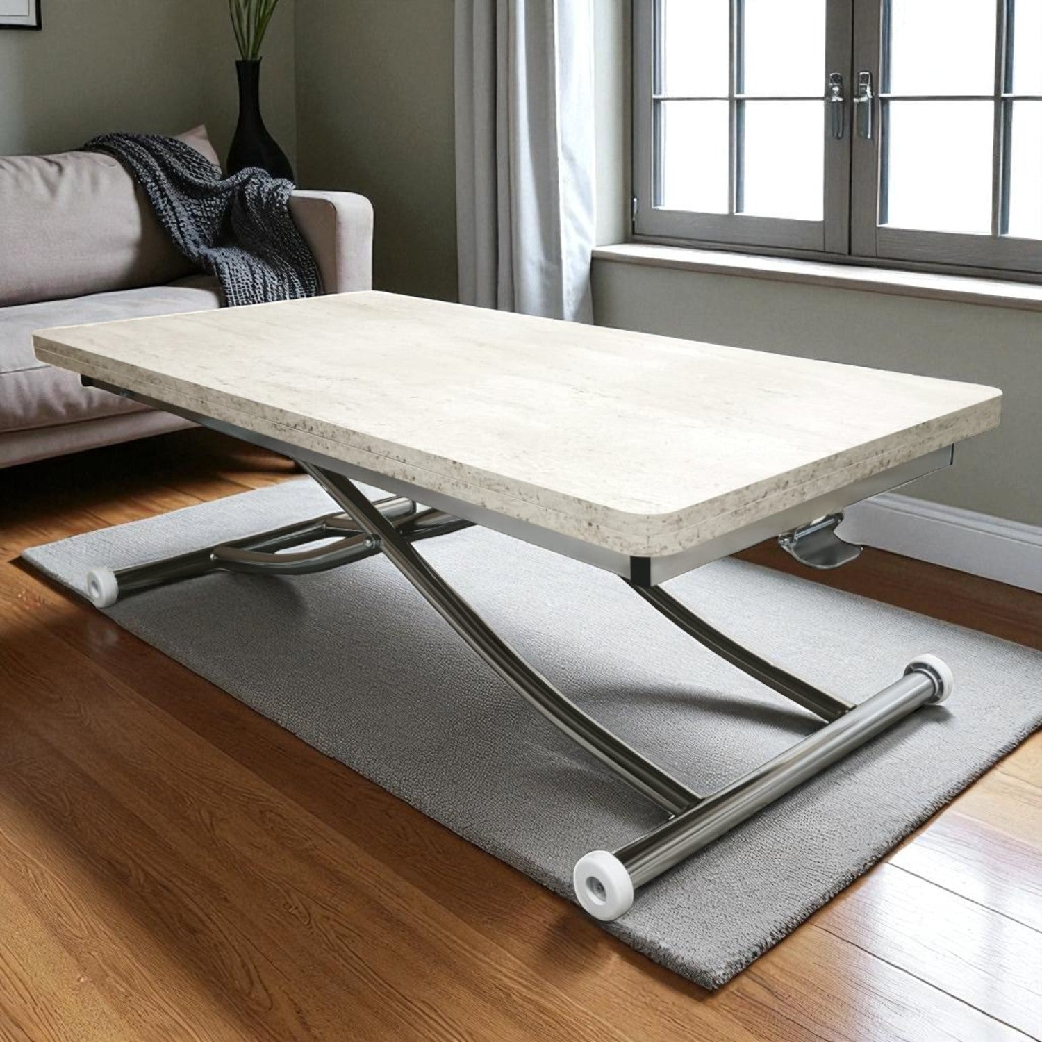 Juppo Smart Coffee Table – Travertine MDF Top & Chrome Metal Legs