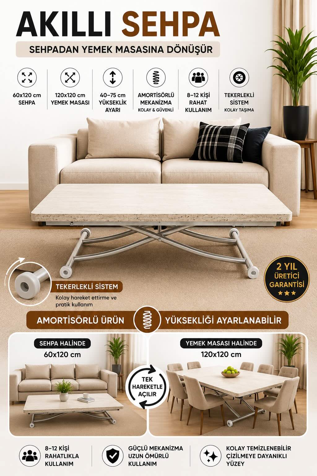 Juppo Smart Coffee Table – Travertine MDF Top & Chrome Metal Legs