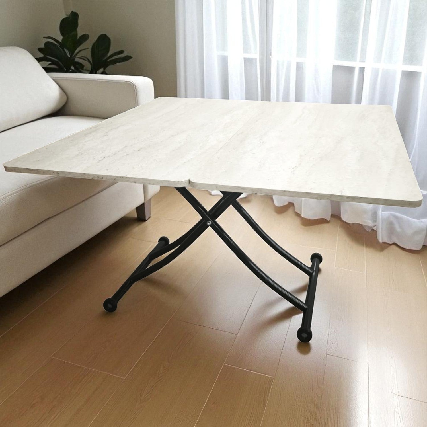 Juppo Smart Coffee Table – Travertine MDF Top & Black Metal Legs