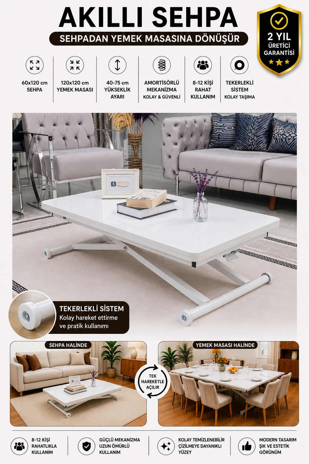 Home Smart Coffee Table – White MDF Top & White Metal Leg
