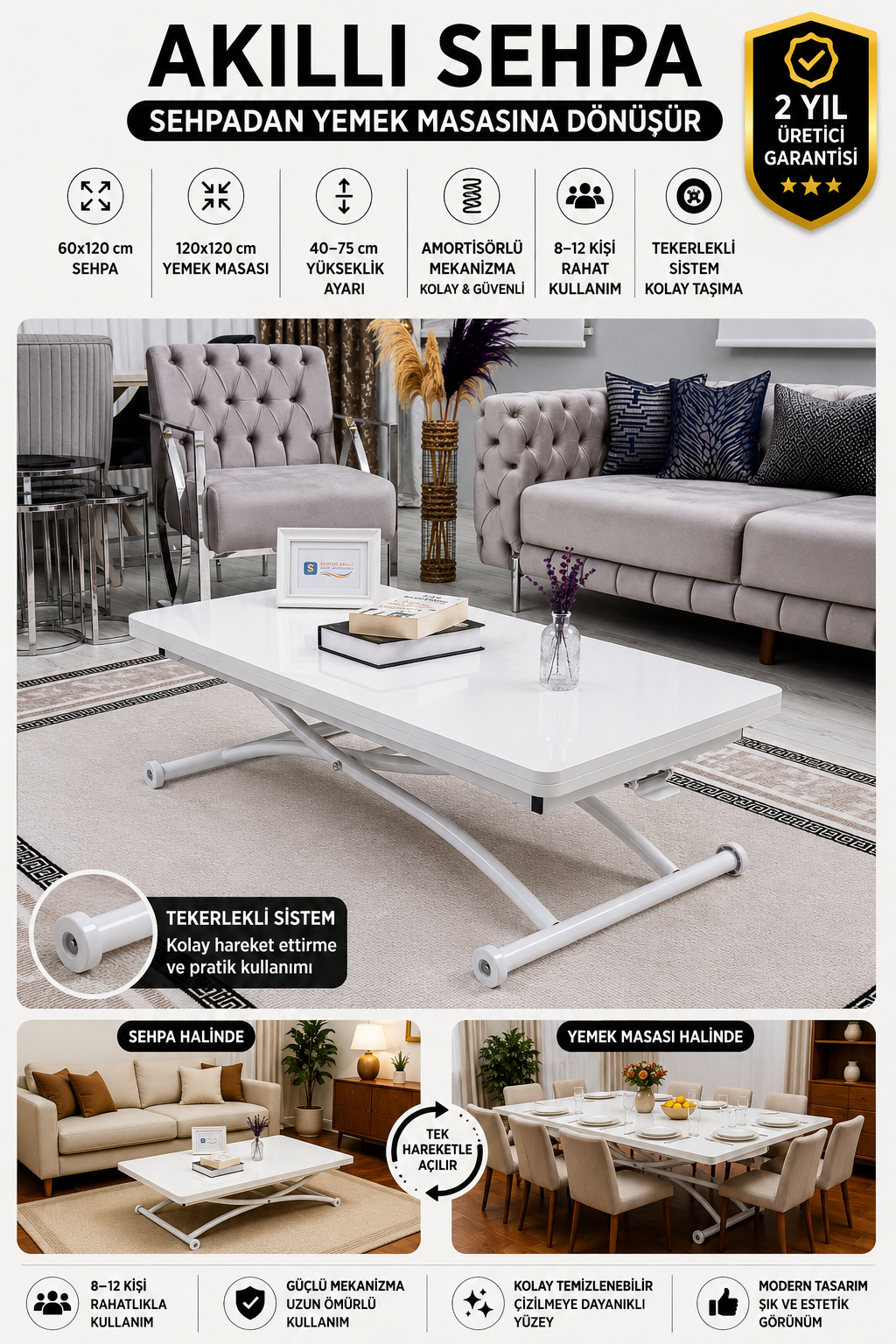 Juppo Smart Coffee Table – White MDF Top & White Outward-Curving Metal Leg