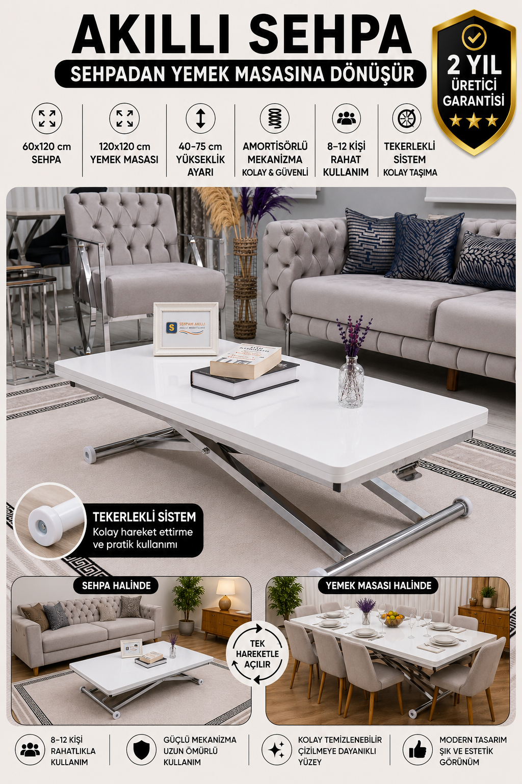 Home Smart Coffee Table – White MDF Top & Chrome-Plated Metal Legs