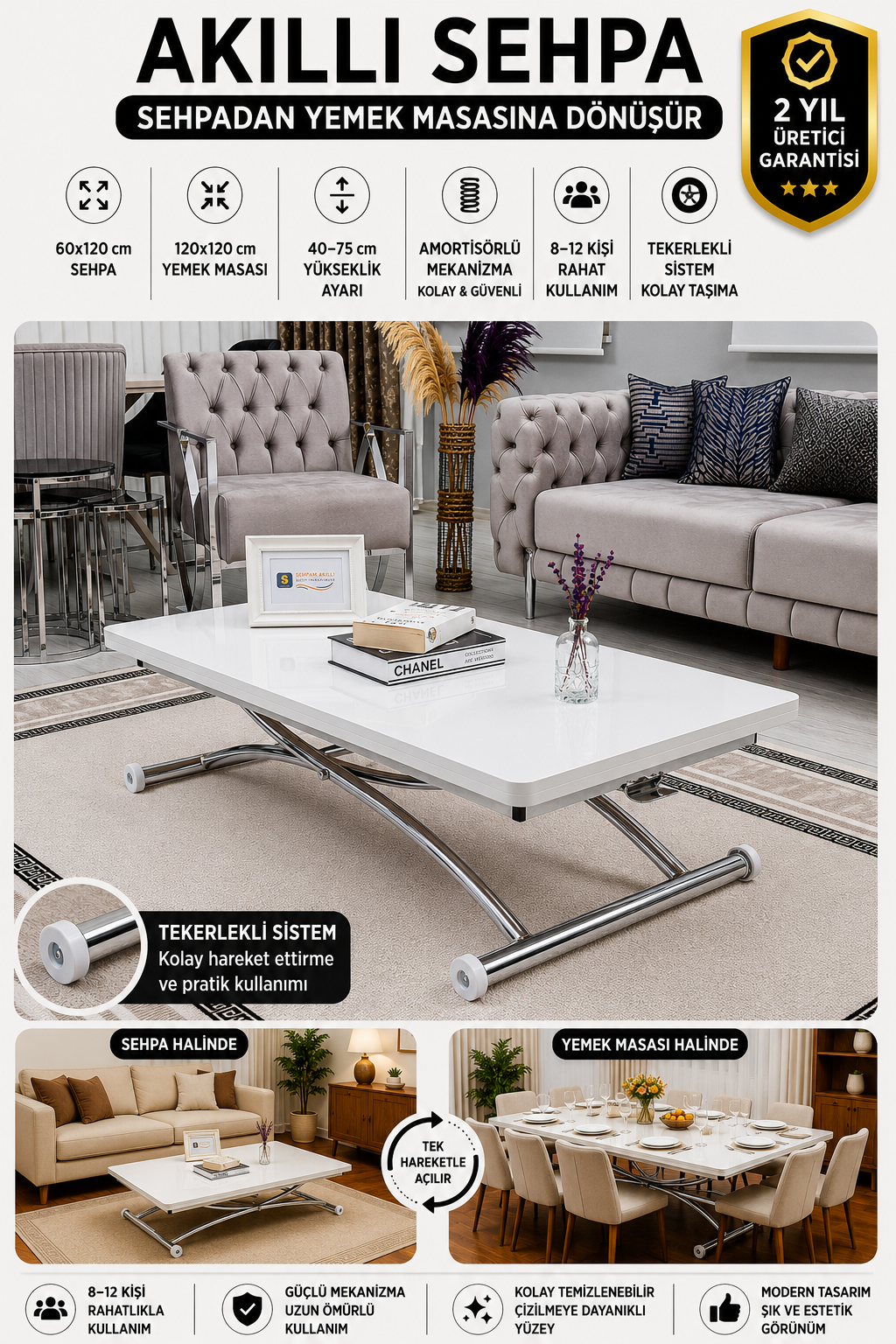 Juppo Smart Coffee Table – White MDF Top & Chrome Outward Curved Metal Leg