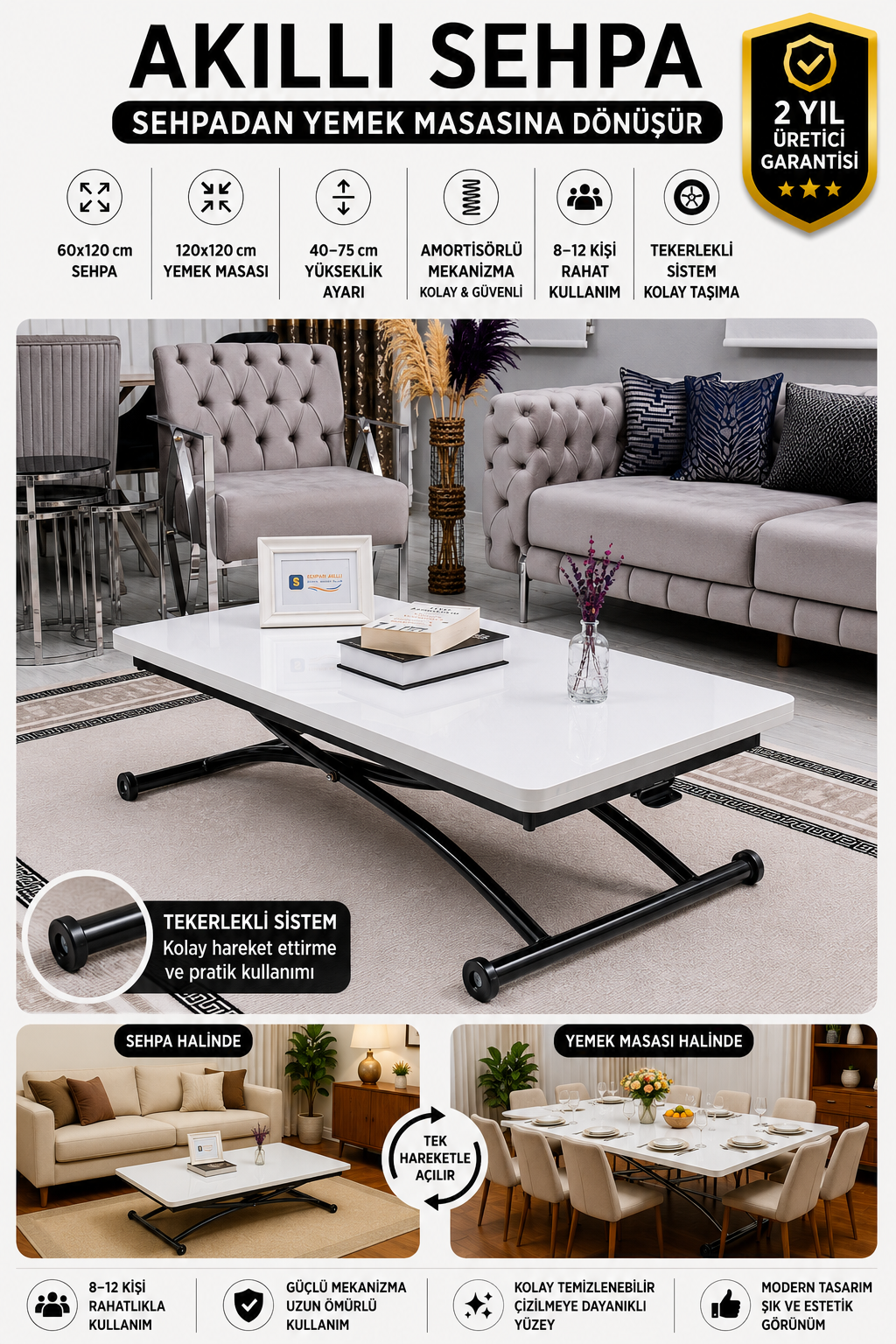 Juppo Smart Coffee Table – White MDF Top & Black Outward Curved Metal Leg