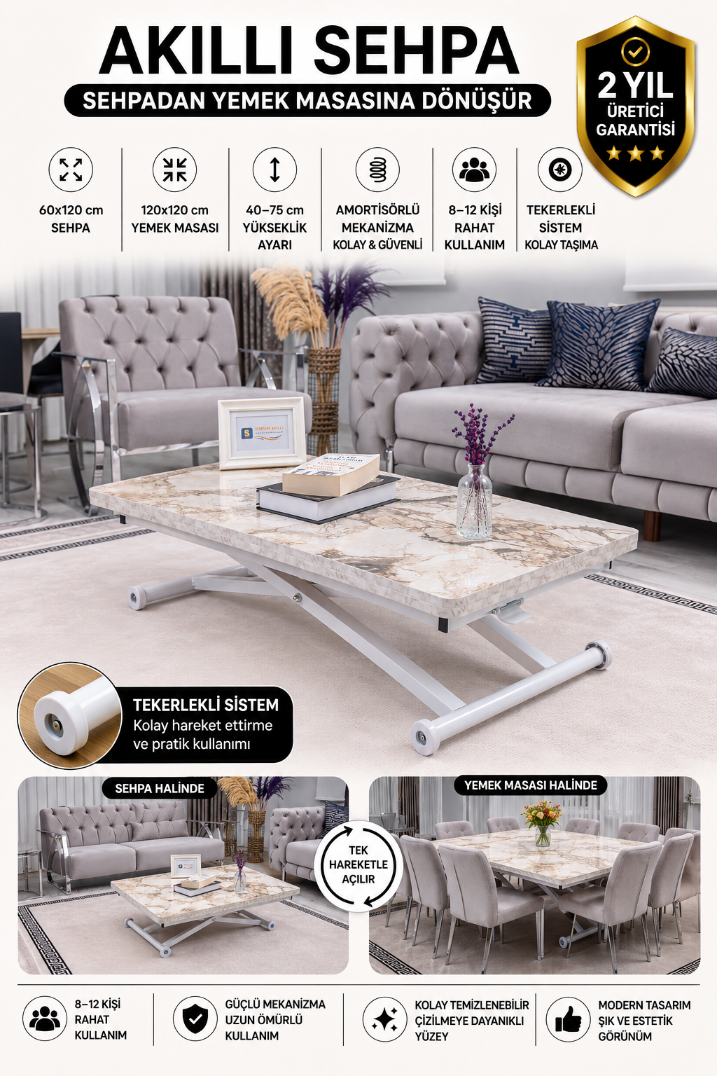 Home Smart Coffee Table – White Marble MDF Top & White Metal Leg
