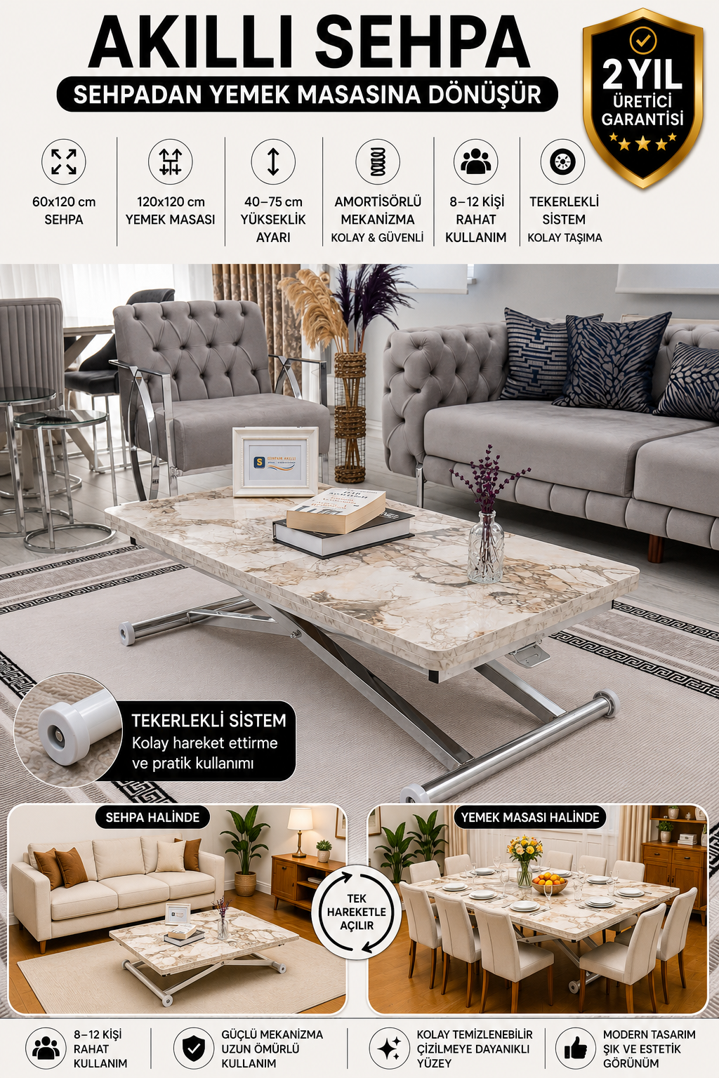 Home Akıllı Sehpa – Beyaz Mermer MDF Üst & Krom Kaplama Metal Ayak