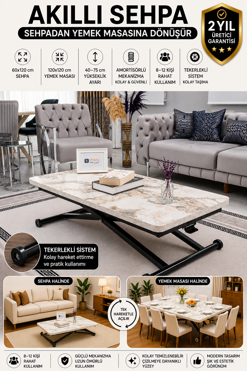 Home Smart Coffee Table – White Marble MDF Top & Black Metal Legs
