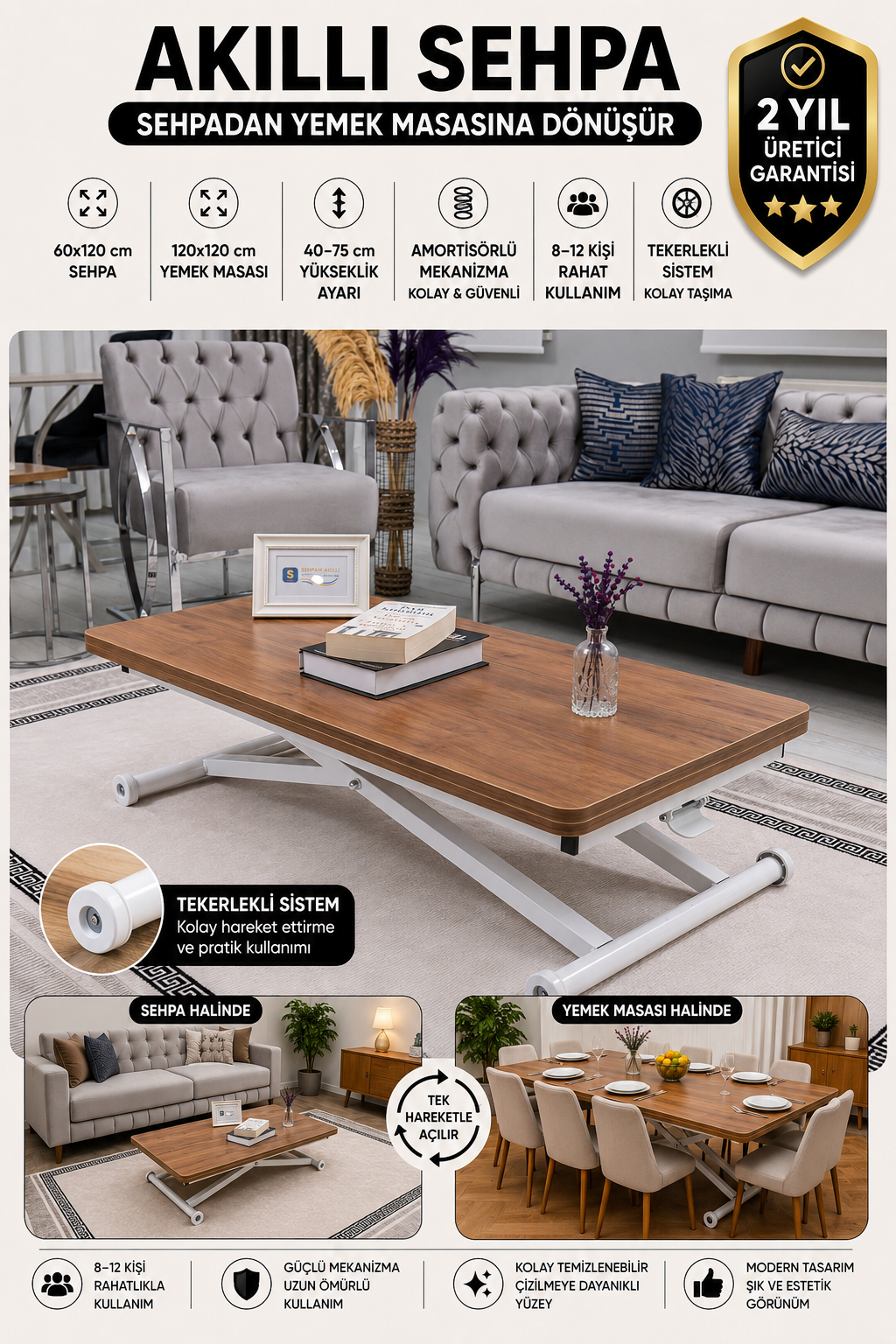 Home Akıllı Sehpa – Ceviz MDF Üst & Beyaz Metal Ayak