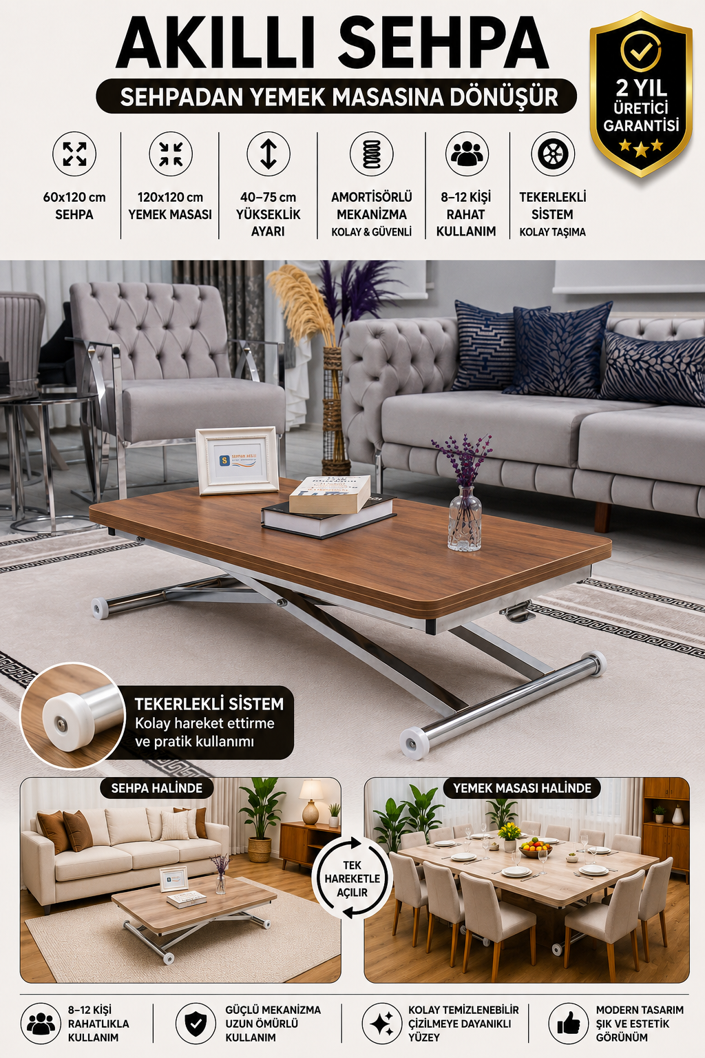 Home Smart Coffee Table – Walnut MDF Top & Chrome Plated Metal Leg