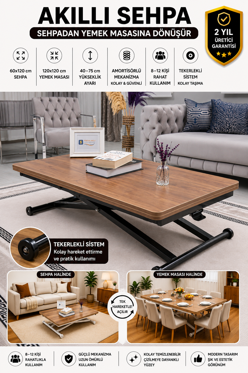 Home Smart Coffee Table – Walnut MDF Top & Black Metal Leg