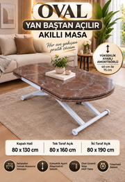 Oval Yan Baştan Açılır Akıllı Masa | VişneMermer  & Beyaz