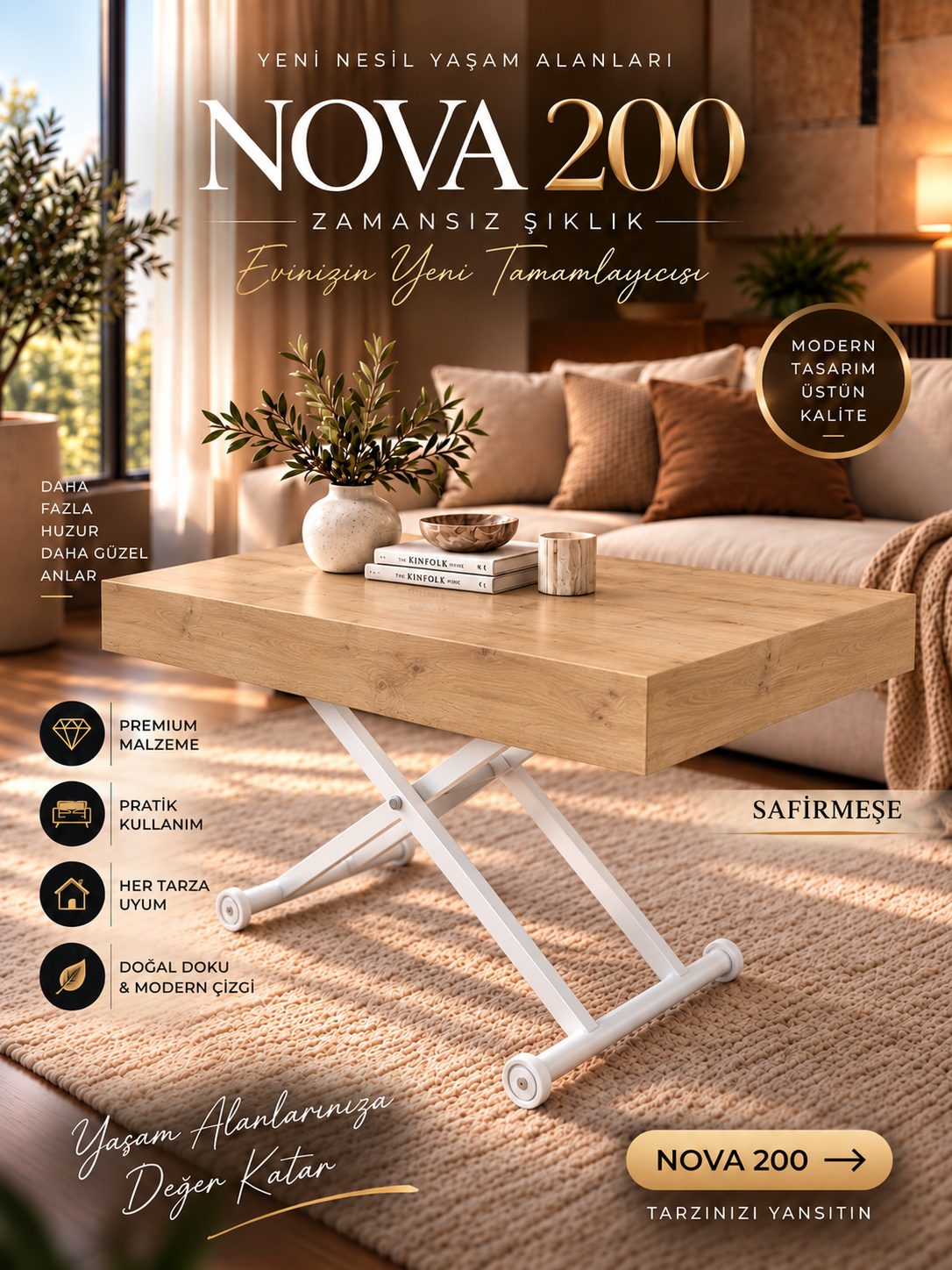 Oval Side-Opening Smart Table | Travertine MDF & Black