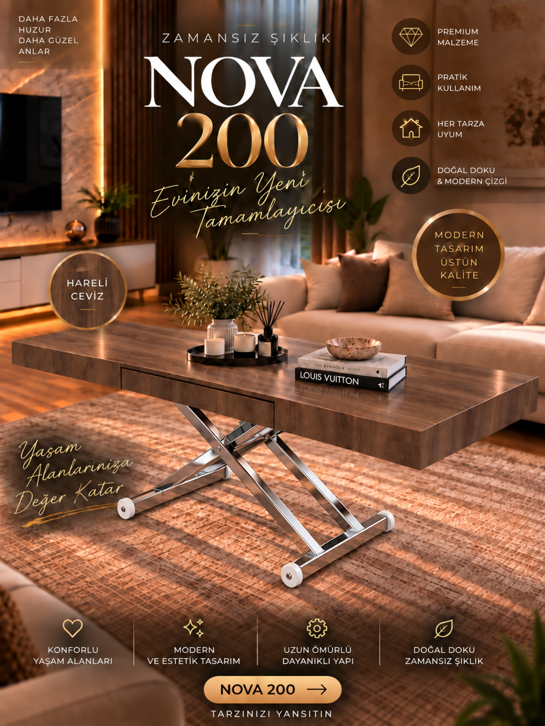 Oval Side-Opening Smart Table | Travertine MDF & Black
