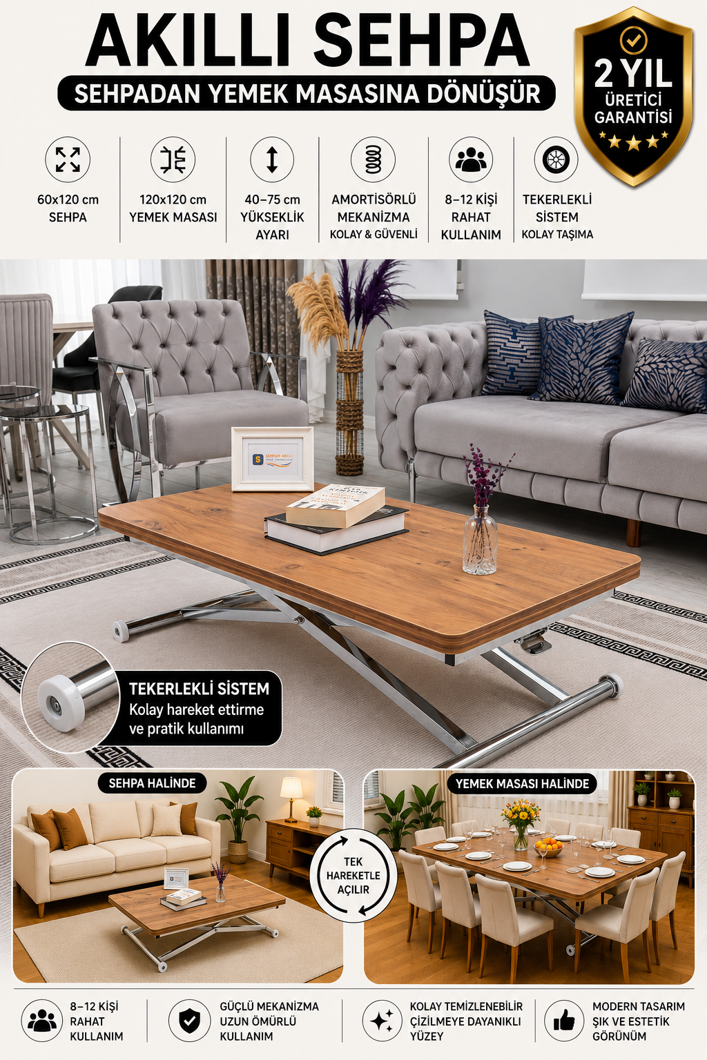 Home Smart Coffee Table – EfesCam MDF Top & Chrome Plated Metal Legs