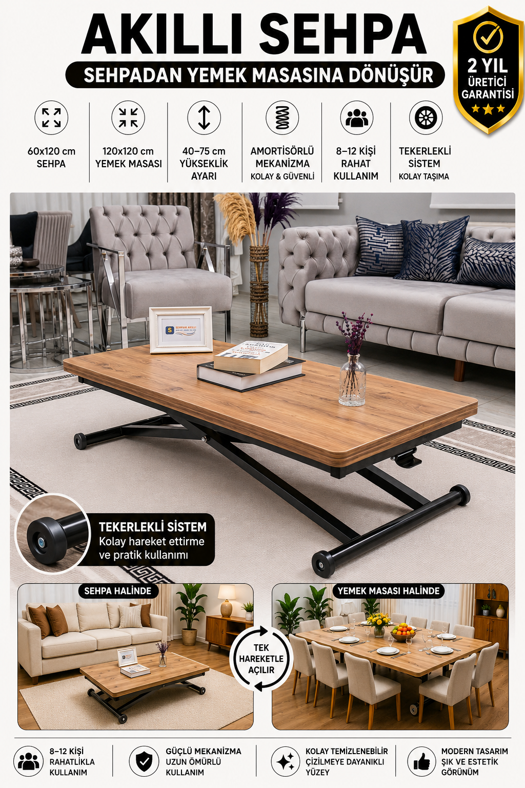Home Smart Coffee Table – EfesCam MDF Top & Black Metal Leg