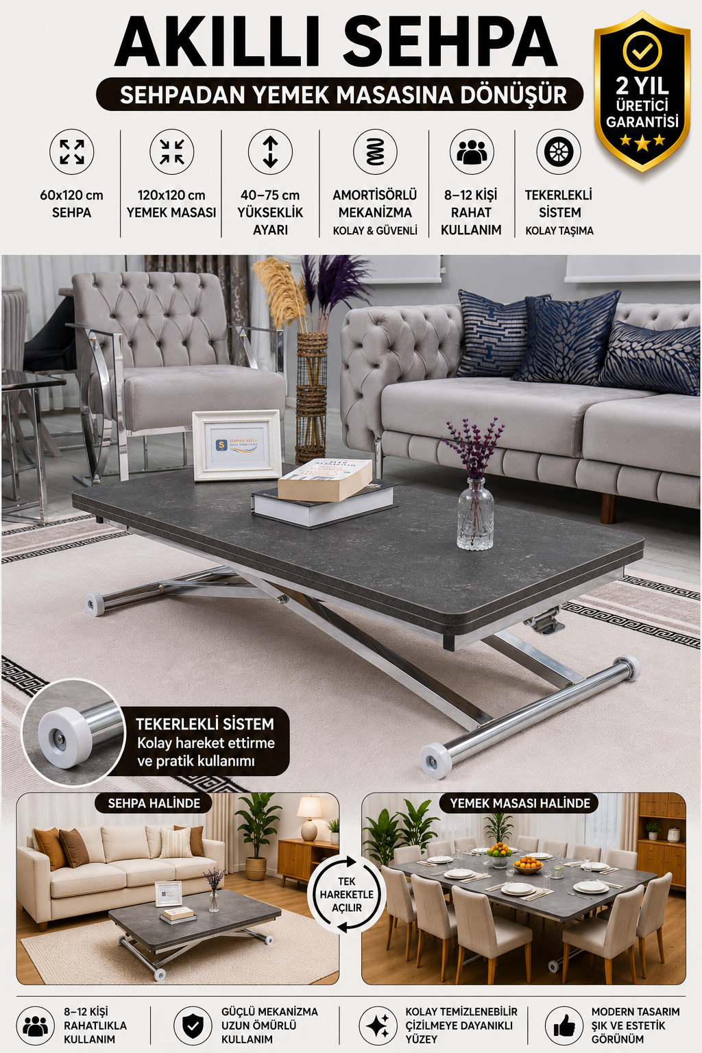 Home Smart Coffee Table – Grooved Anthracite MDF Top & Chrome Plated Metal Legs