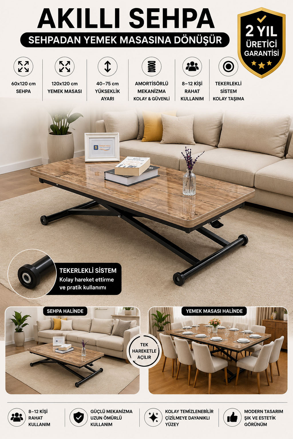 Home Smart Coffee Table – Antique Light MDF Top & Black Metal Legs