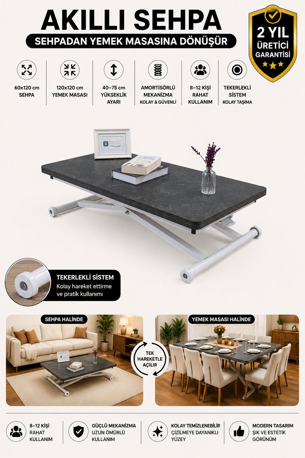 Home Smart Coffee Table – Grooved Anthracite MDF Top & White Metal Legs